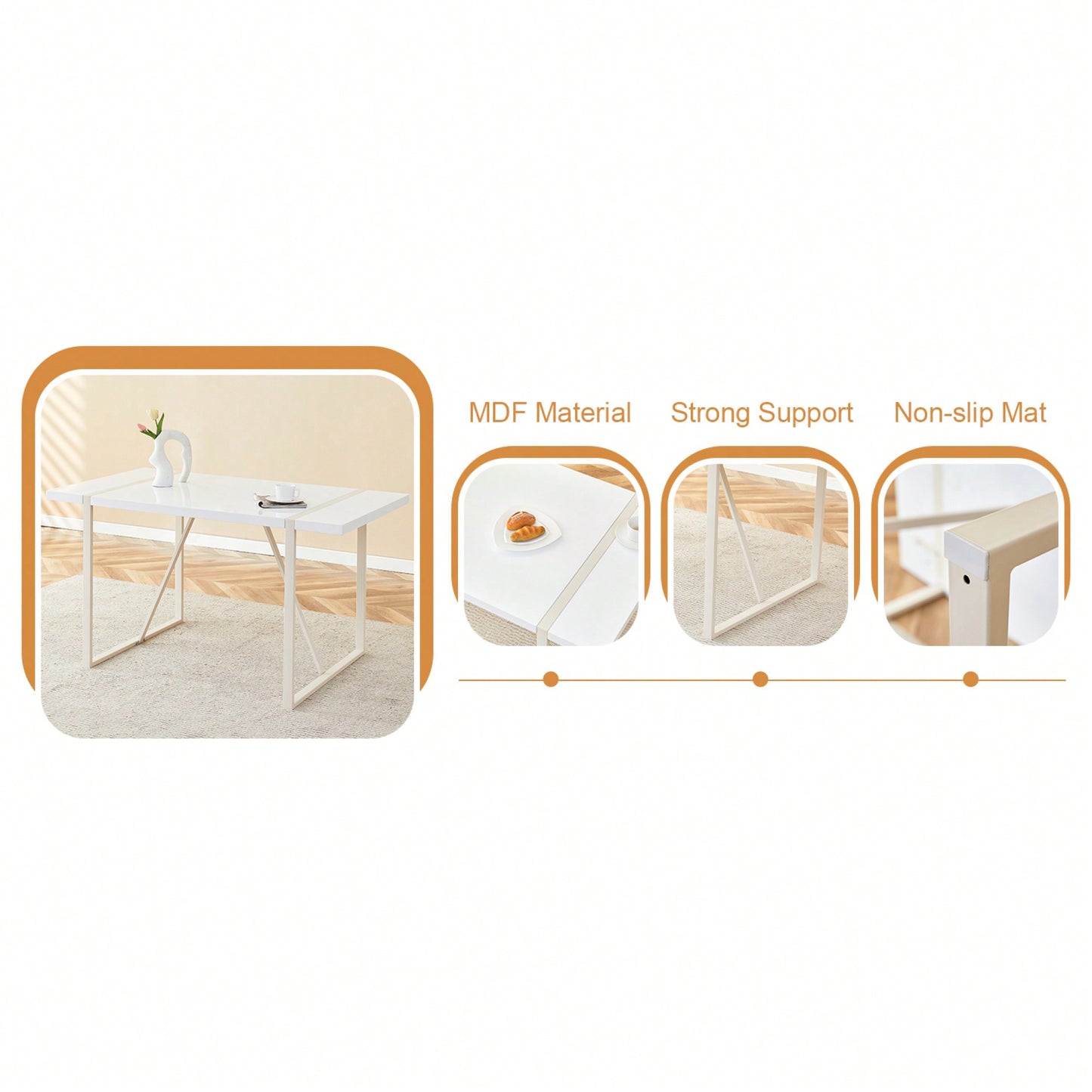 Industrial Cream MDF Dining Table For 4-6 With 1.5 Inch Thick Top And White Metal Legs For Kitchen, Dining Room, Or Terrace