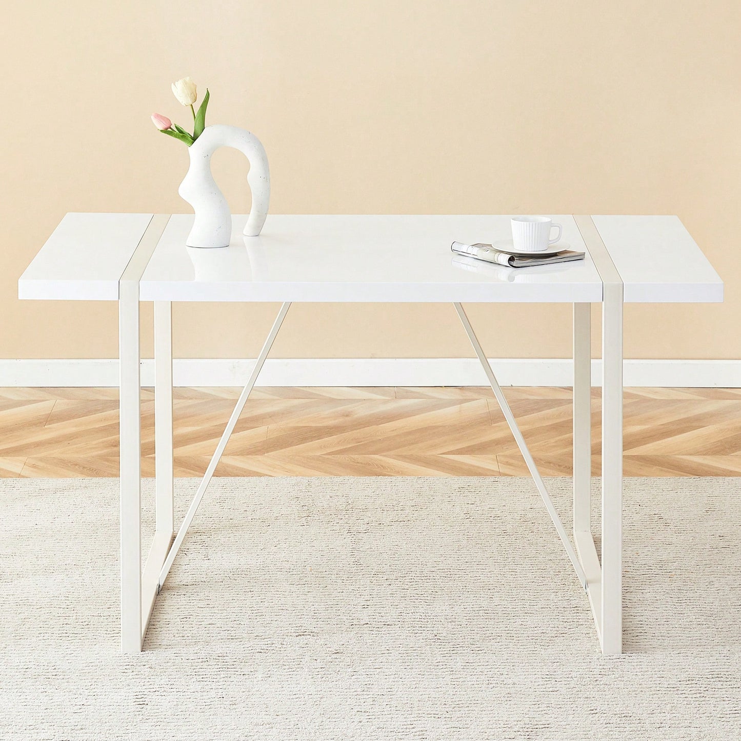 Industrial Cream MDF Dining Table For 4-6 With 1.5 Inch Thick Top And White Metal Legs For Kitchen, Dining Room, Or Terrace