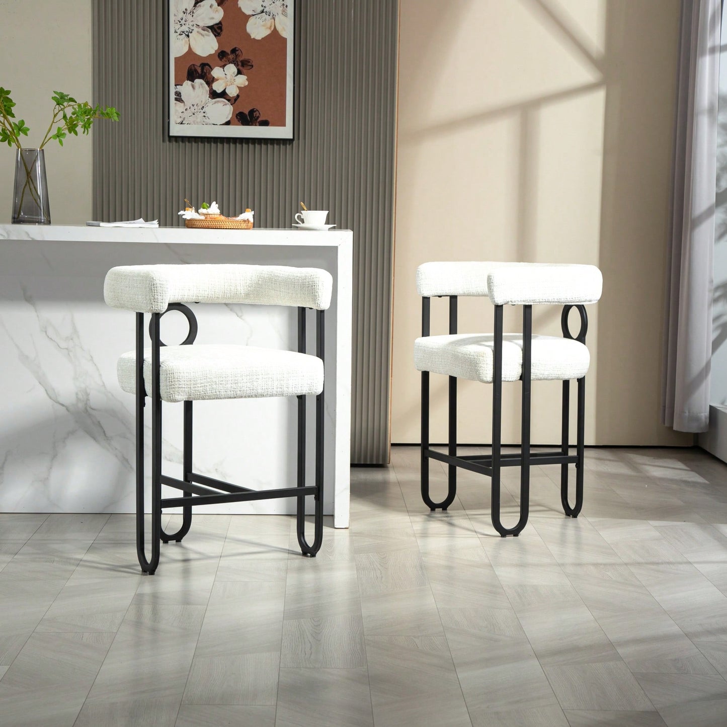 Modern Upholstered Bar Stools Set Of 2 With Backrest For Kitchen Island And Pub - Black Metal Frame And Beige Chenille