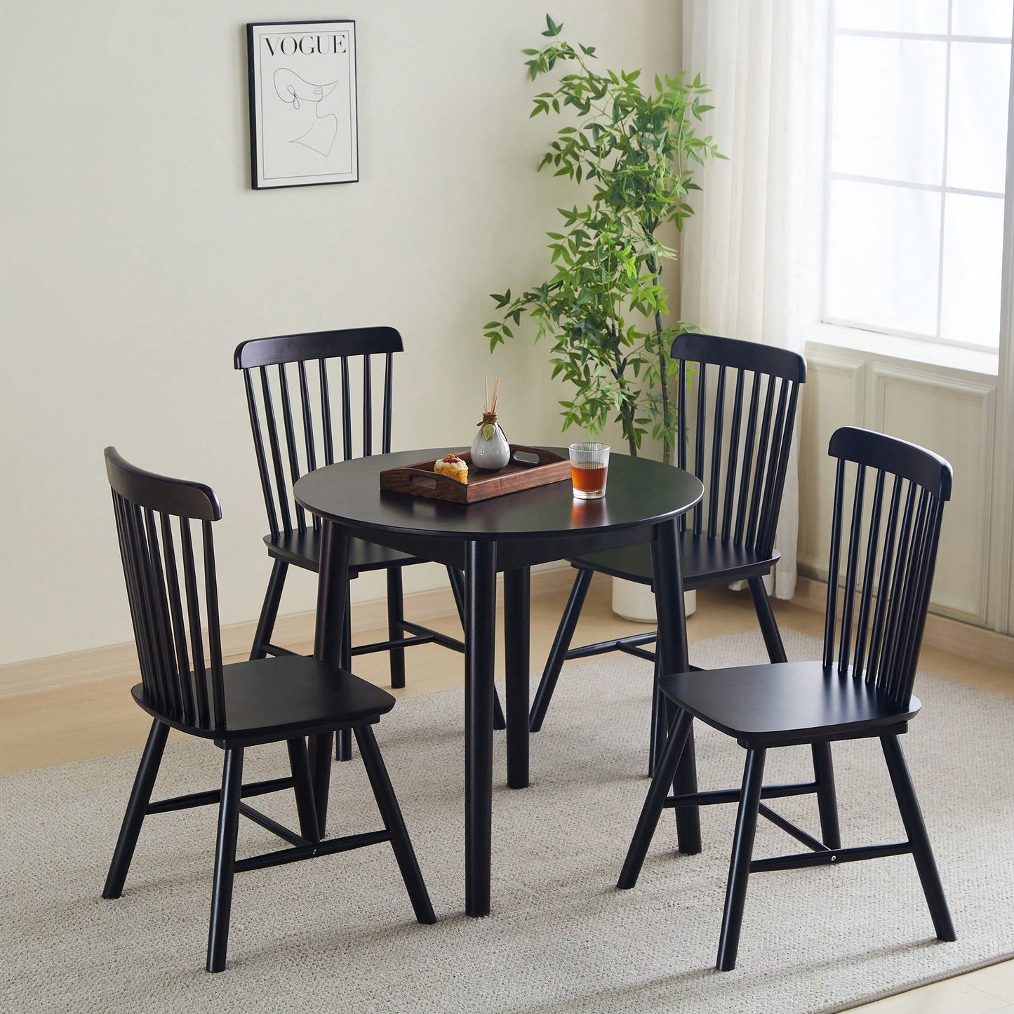 Solid Wood Black Round Table For 2-4 People 31.5 Inch Diameter