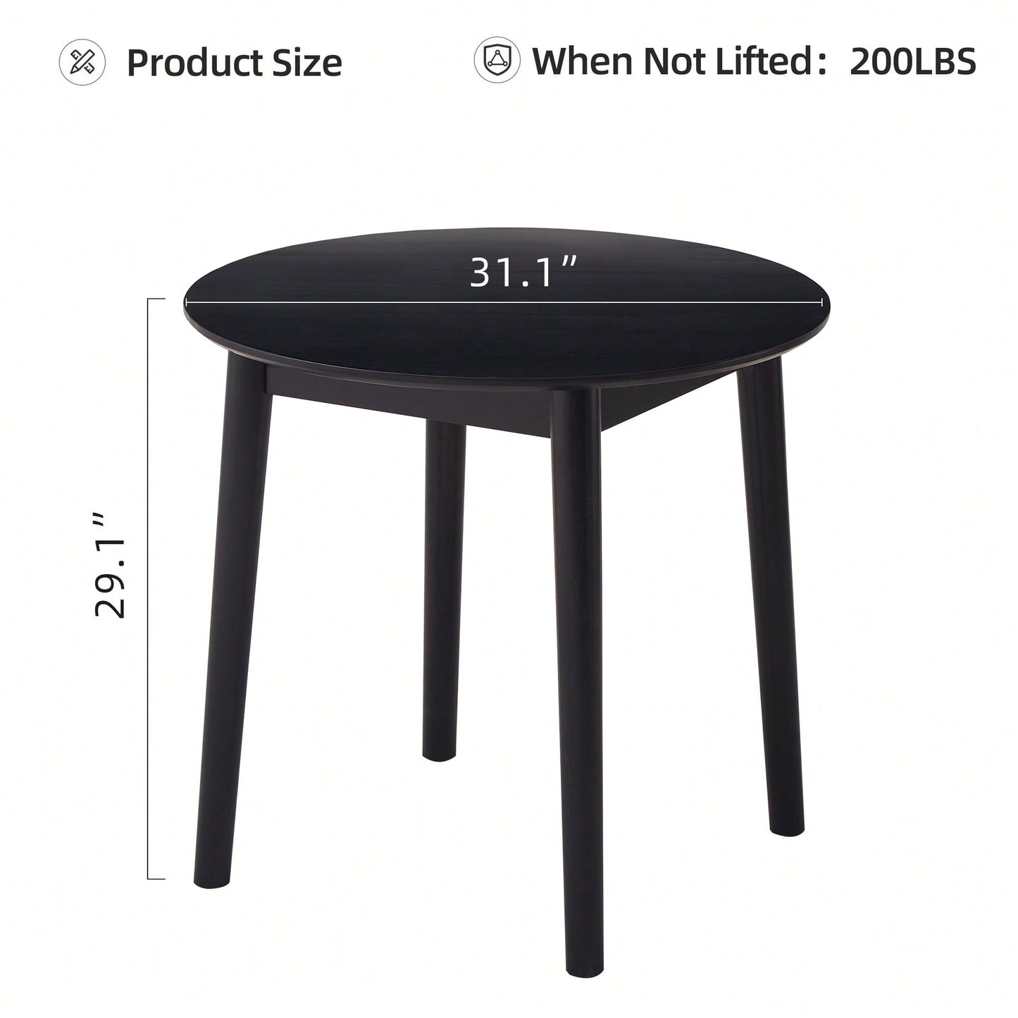 Solid Wood Black Round Table For 2-4 People 31.5 Inch Diameter