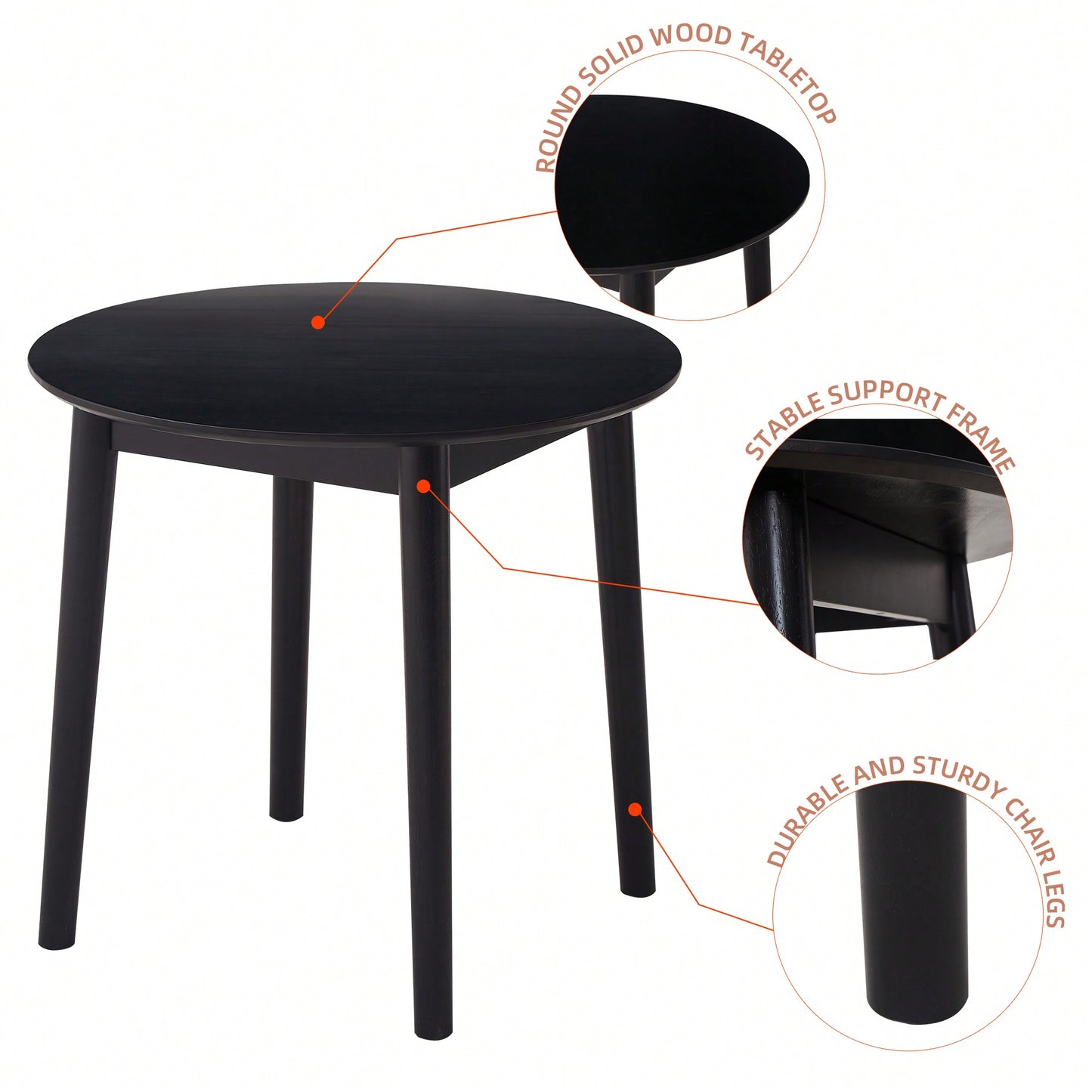 Solid Wood Black Round Table For 2-4 People 31.5 Inch Diameter