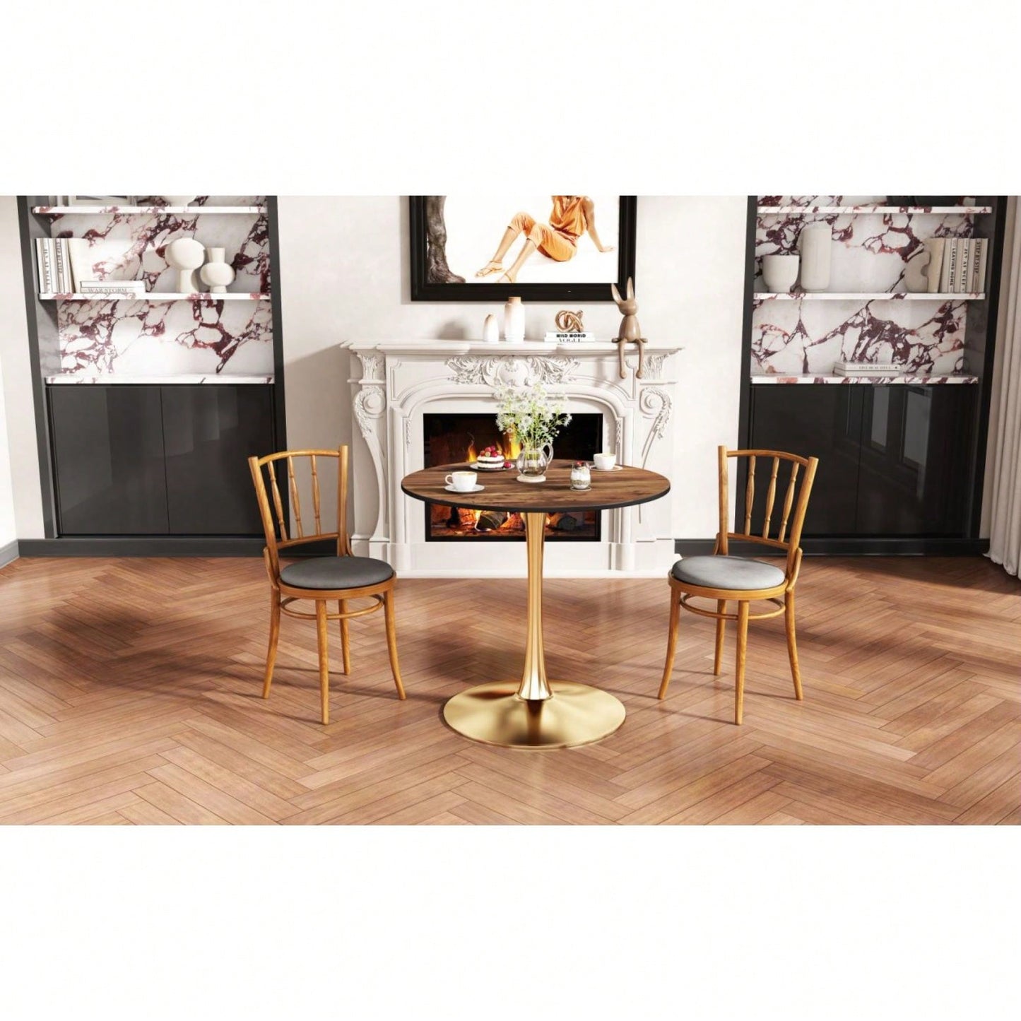 Round Nature Wood Dining Table 80cm With Golden Legs For 2-3 People