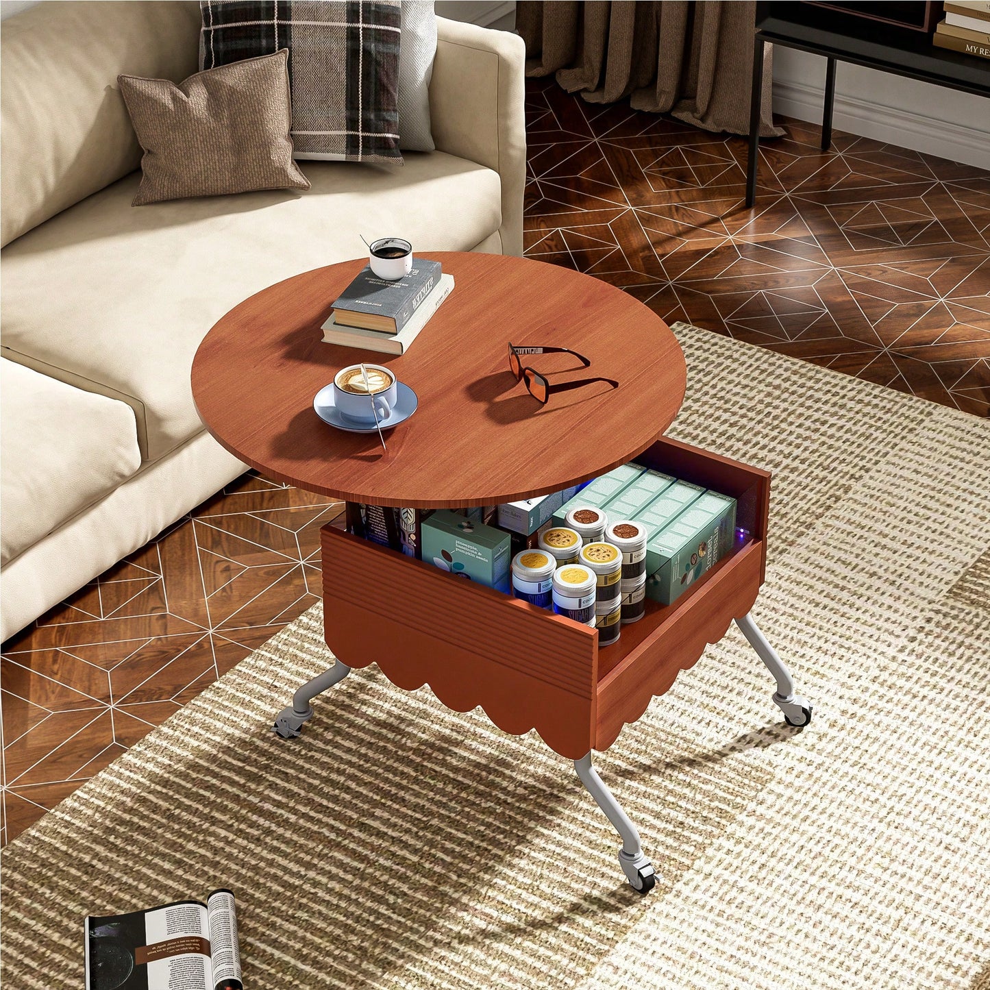 Round Lift-Top Coffee Table With Wheels And Colorful LED Lighting 27.6 Inch Modern Design