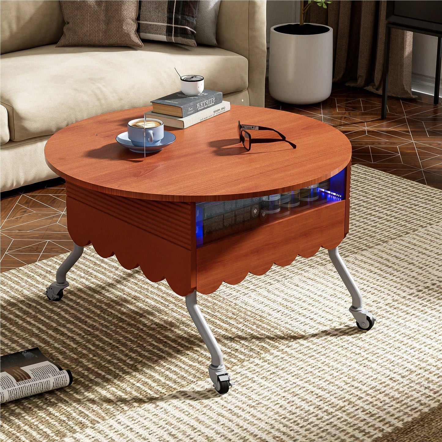 Round Lift-Top Coffee Table With Wheels And Colorful LED Lighting 27.6 Inch Modern Design