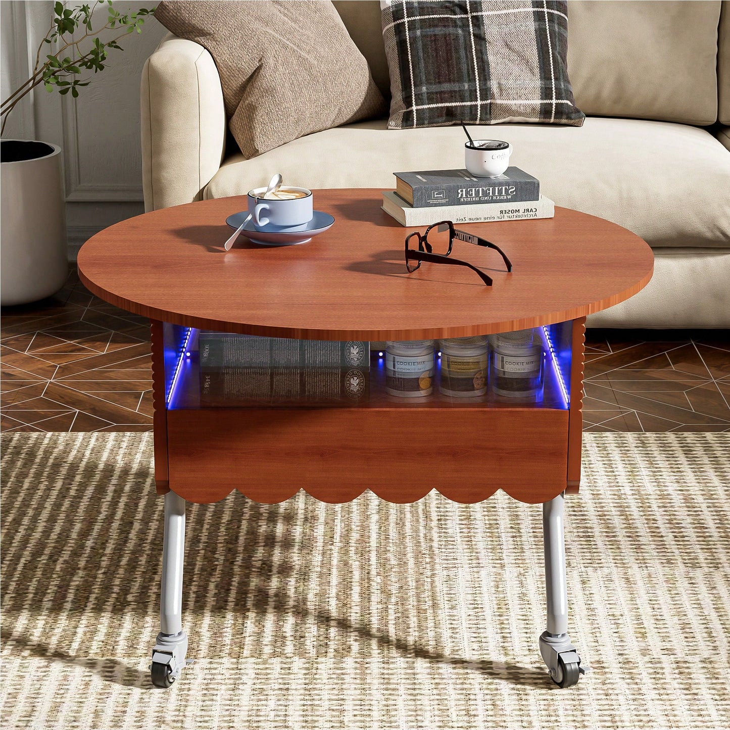 Round Lift-Top Coffee Table With Wheels And Colorful LED Lighting 27.6 Inch Modern Design