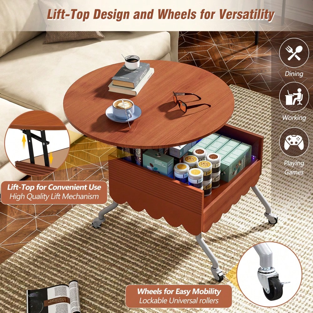 Round Lift-Top Coffee Table With Wheels And Colorful LED Lighting 27.6 Inch Modern Design