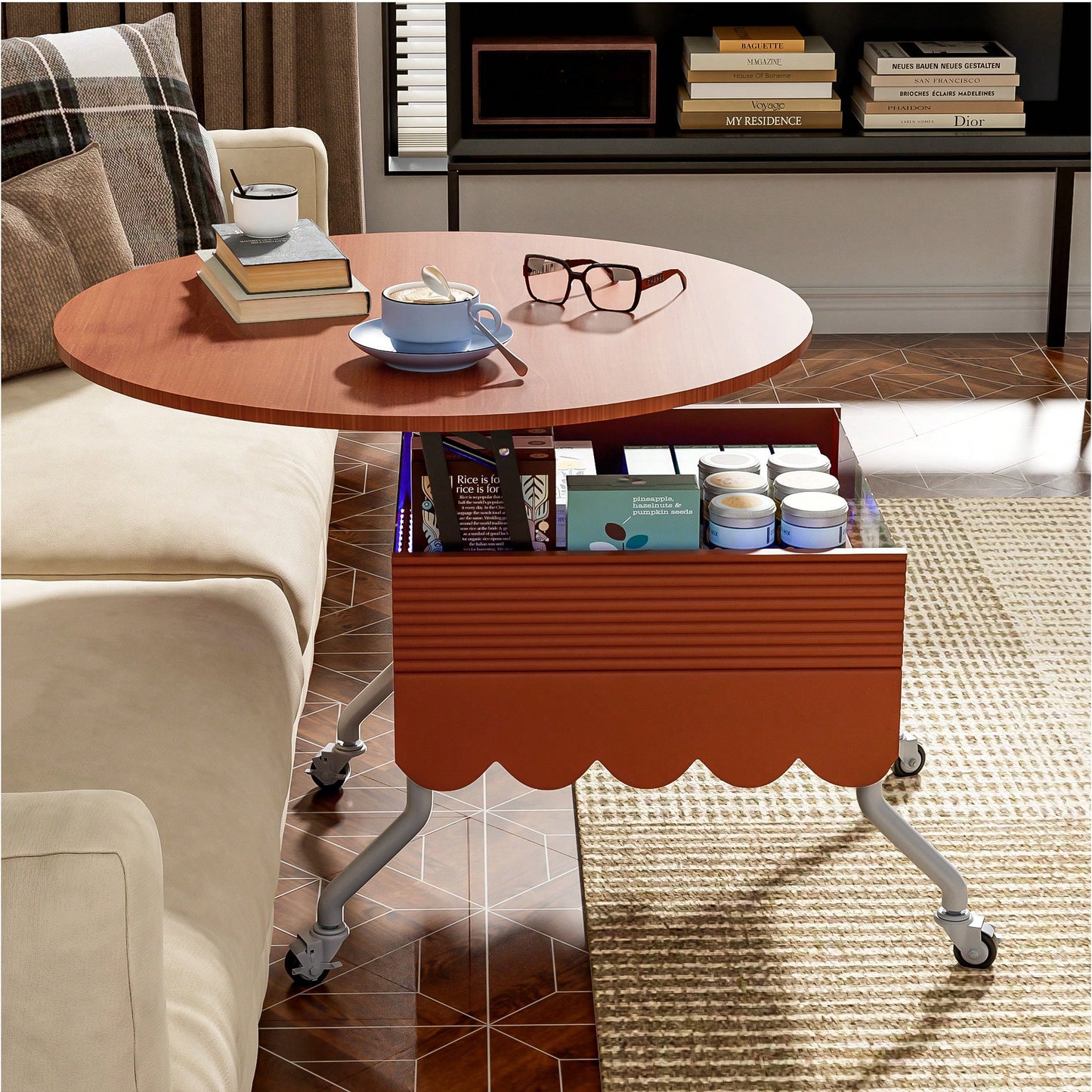 Round Lift-Top Coffee Table With Wheels And Colorful LED Lighting 27.6 Inch Modern Design