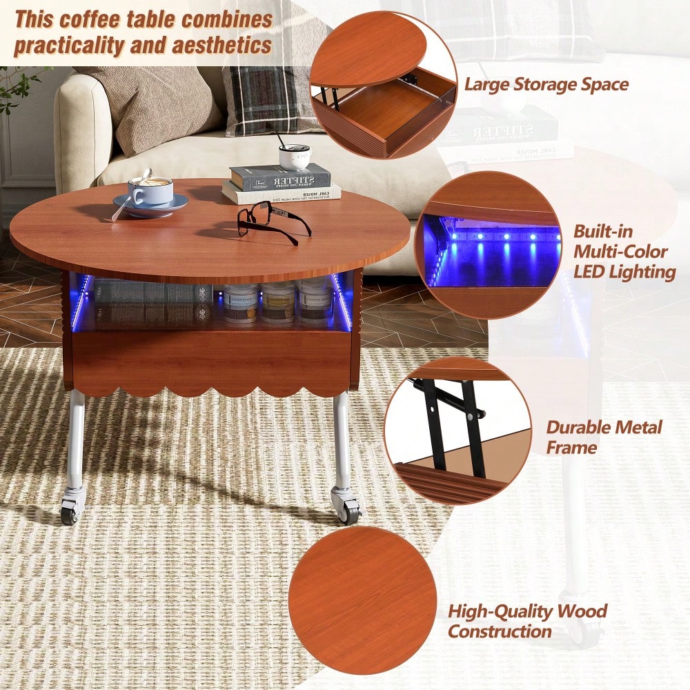 Round Lift-Top Coffee Table With Wheels And Colorful LED Lighting 27.6 Inch Modern Design