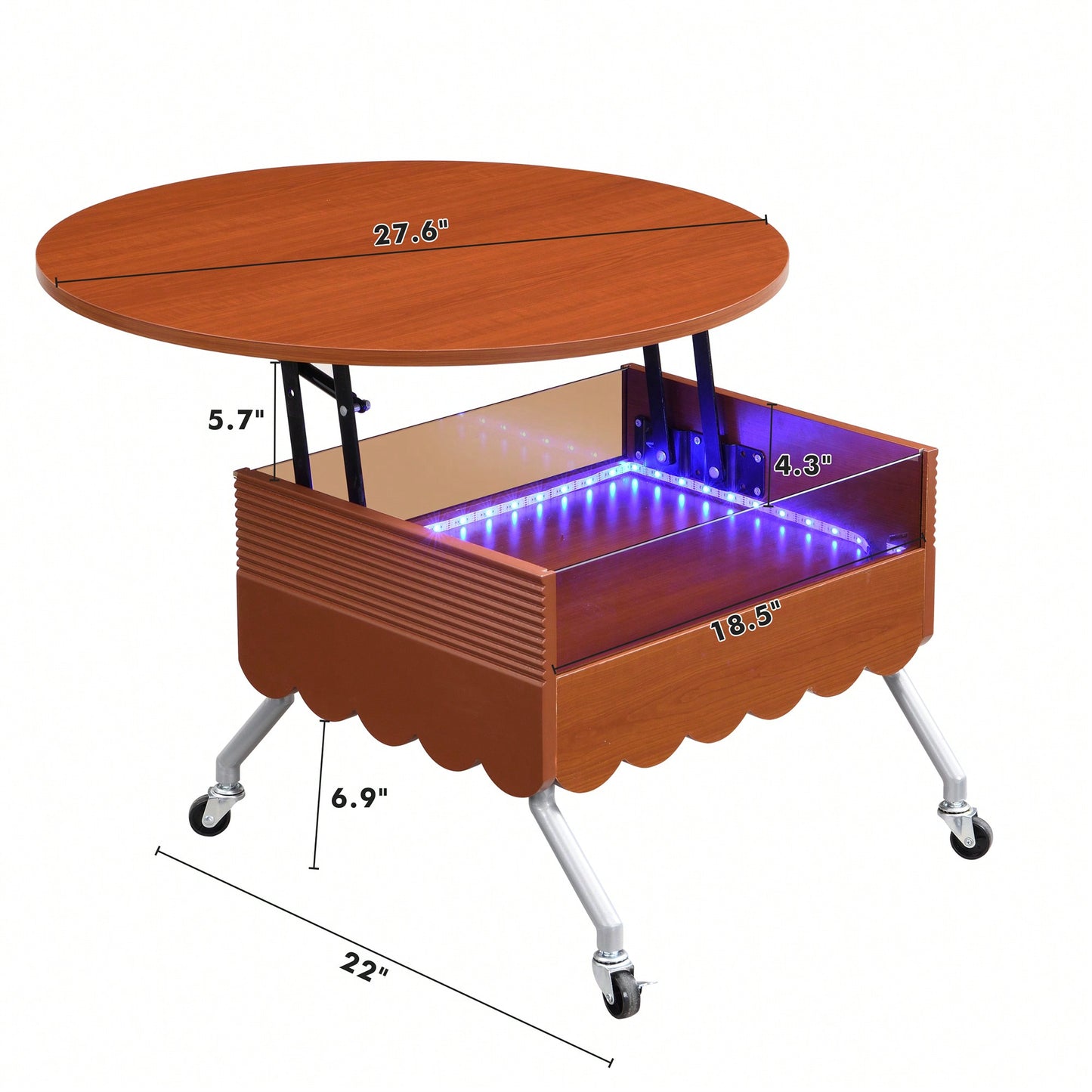 Round Lift-Top Coffee Table With Wheels And Colorful LED Lighting 27.6 Inch Modern Design