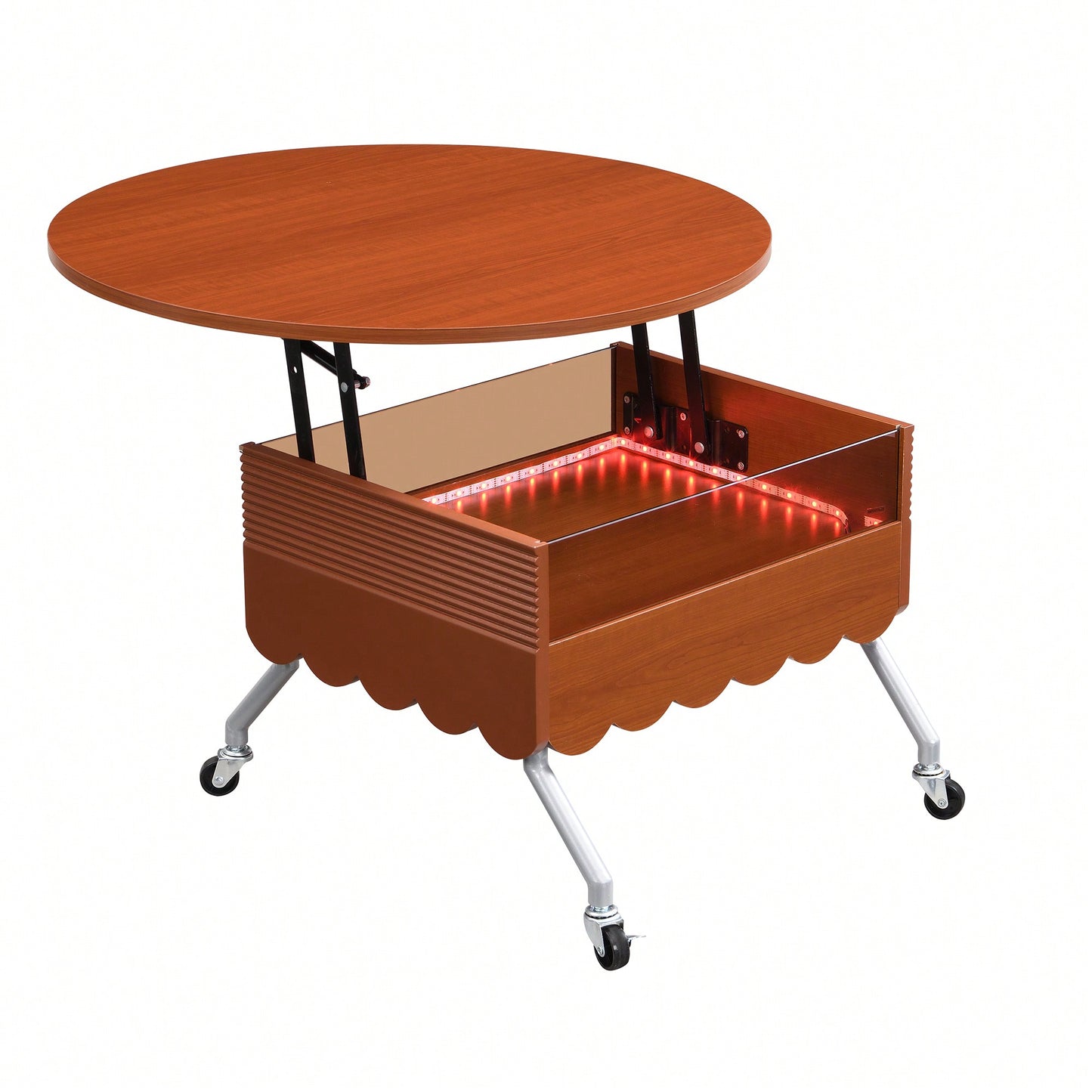 Round Lift-Top Coffee Table With Wheels And Colorful LED Lighting 27.6 Inch Modern Design