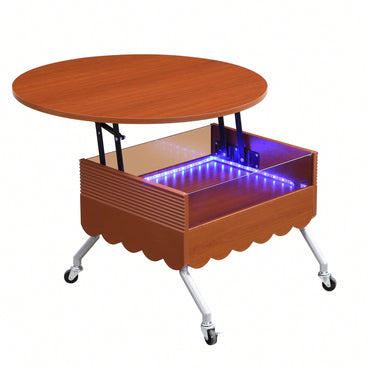Round Lift-Top Coffee Table With Wheels And Colorful LED Lighting 27.6 Inch Modern Design