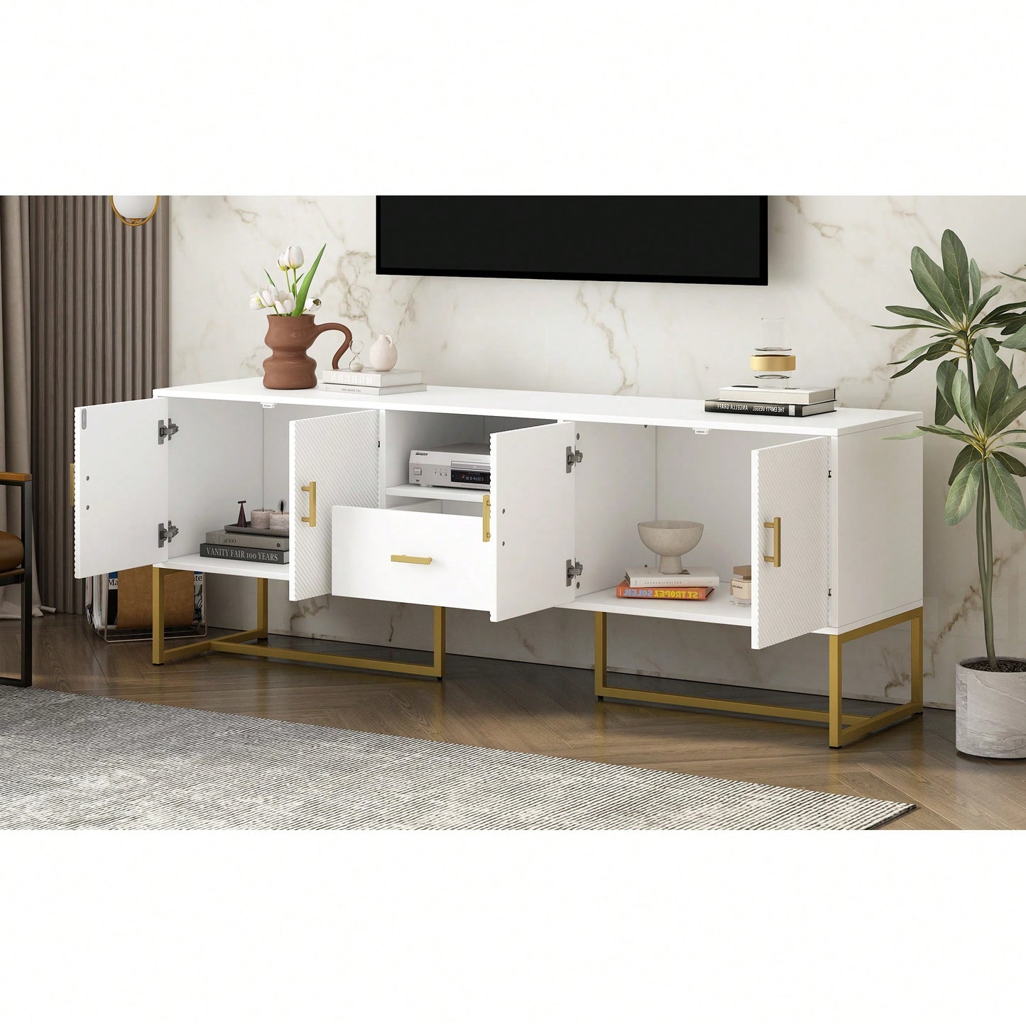 Modern TV Stand For Up To 70 Inch TVs With Storage Drawer And Cabinets, Sturdy Metal Legs And Anti-Tip Device For Living Room