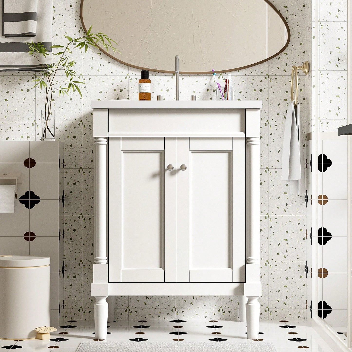 24 Inch Modern Bathroom Vanity With Sink And Storage Shelves, Stylish 2-Tier Cabinet For Organized Bathroom Space