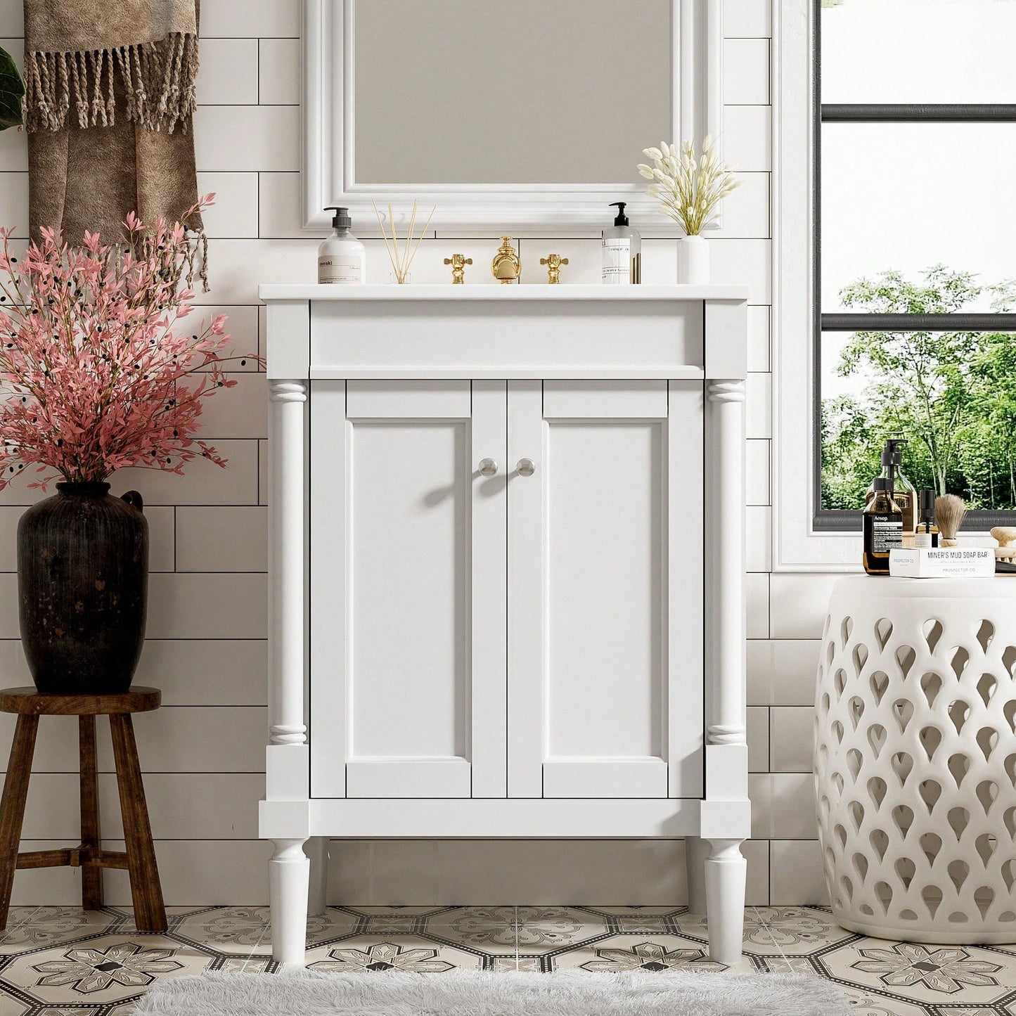 24 Inch Modern Bathroom Vanity With Sink And Storage Shelves, Stylish 2-Tier Cabinet For Organized Bathroom Space