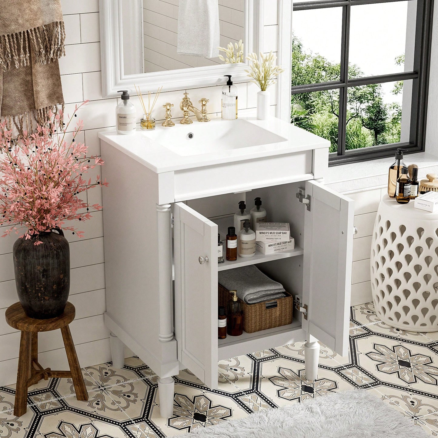 24 Inch Modern Bathroom Vanity With Sink And Storage Shelves, Stylish 2-Tier Cabinet For Organized Bathroom Space