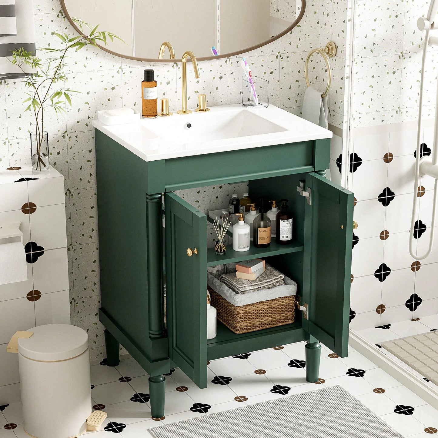 24 Inch Modern Bathroom Vanity With Sink And Storage Shelves, Stylish 2-Tier Cabinet For Organized Bathroom Space