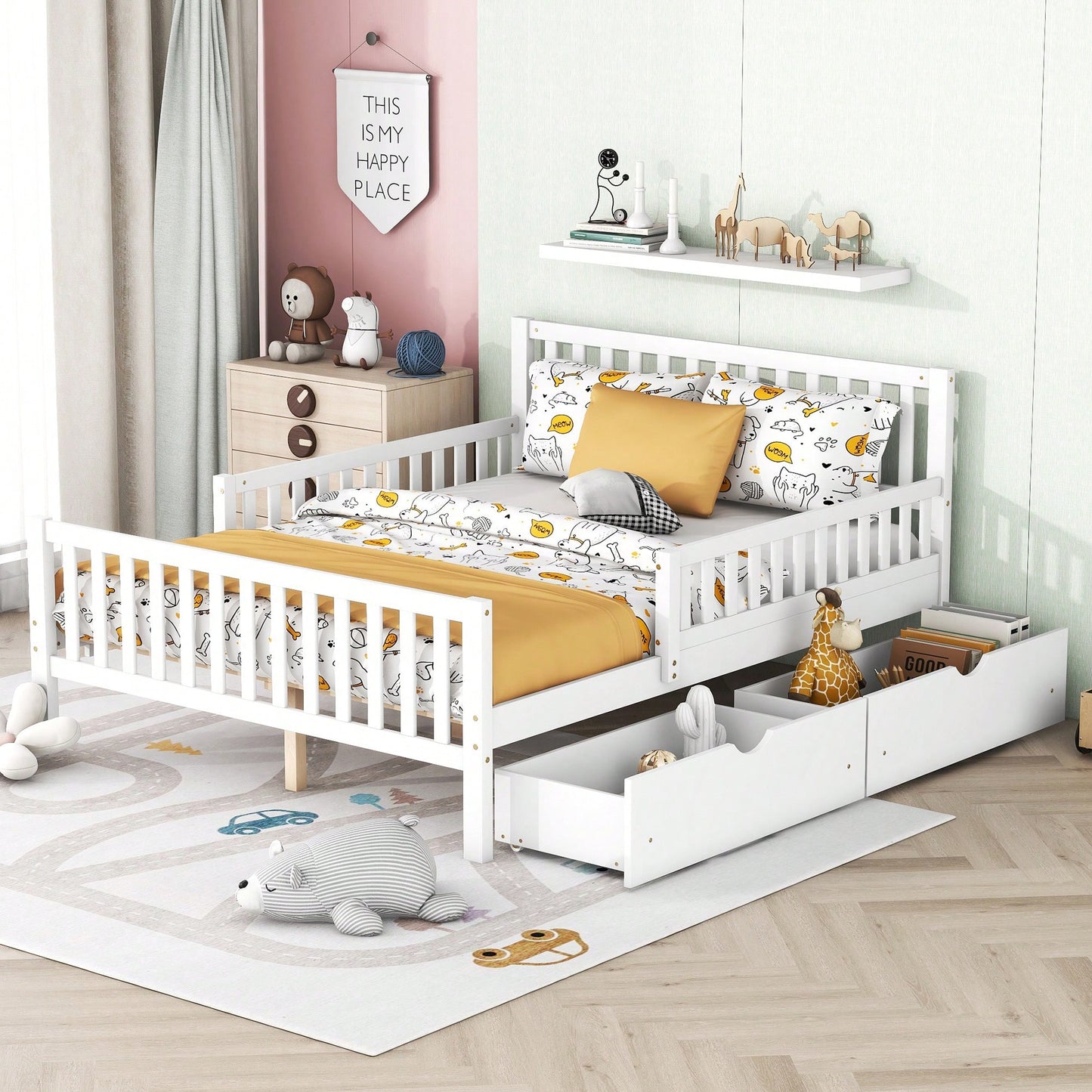 Full Size Wood Platform Bed With Safety Guardrails And Dual Storage Drawers In Gray