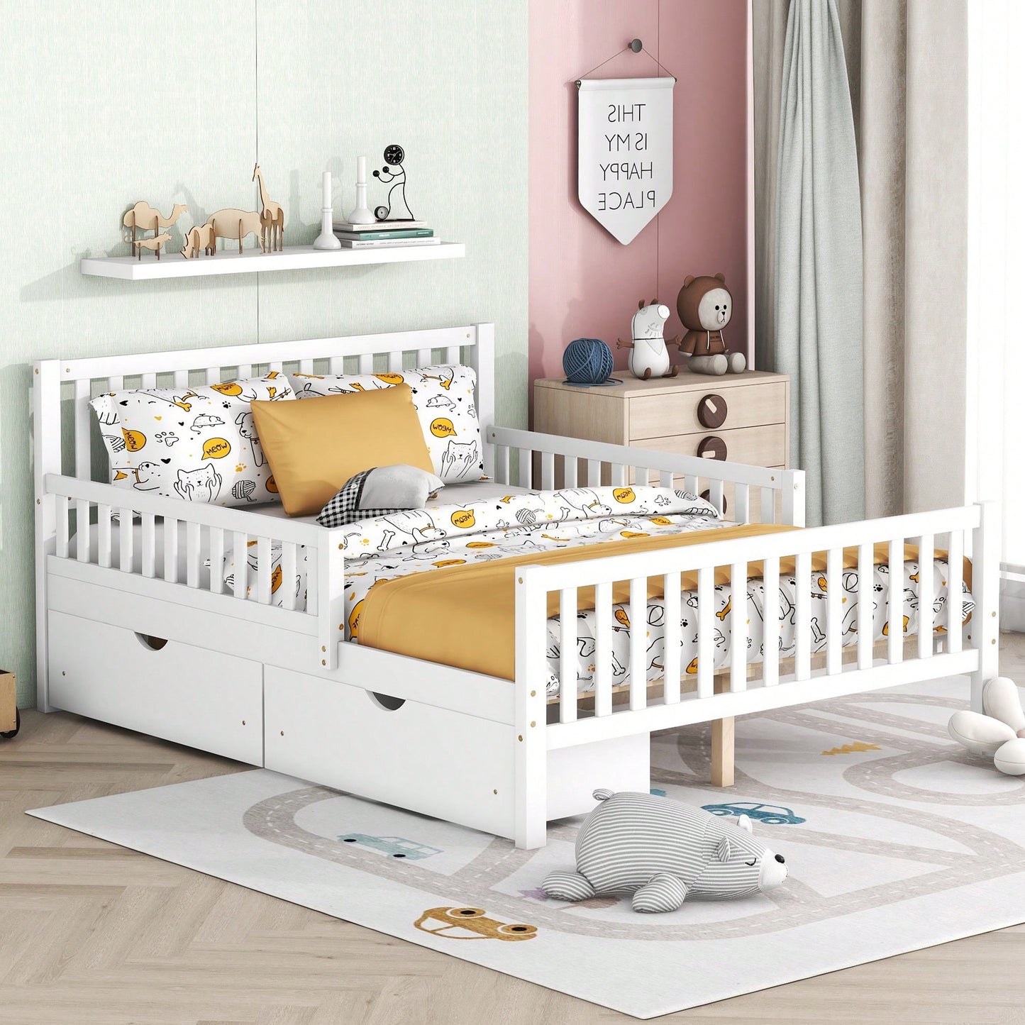 Full Size Wood Platform Bed With Safety Guardrails And Dual Storage Drawers In Gray