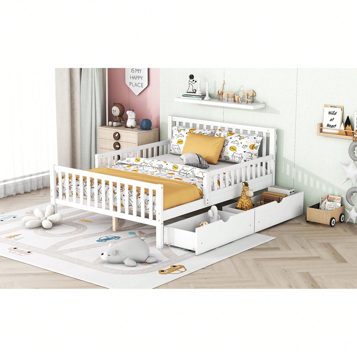 Full Size Wood Platform Bed With Safety Guardrails And Dual Storage Drawers In Gray