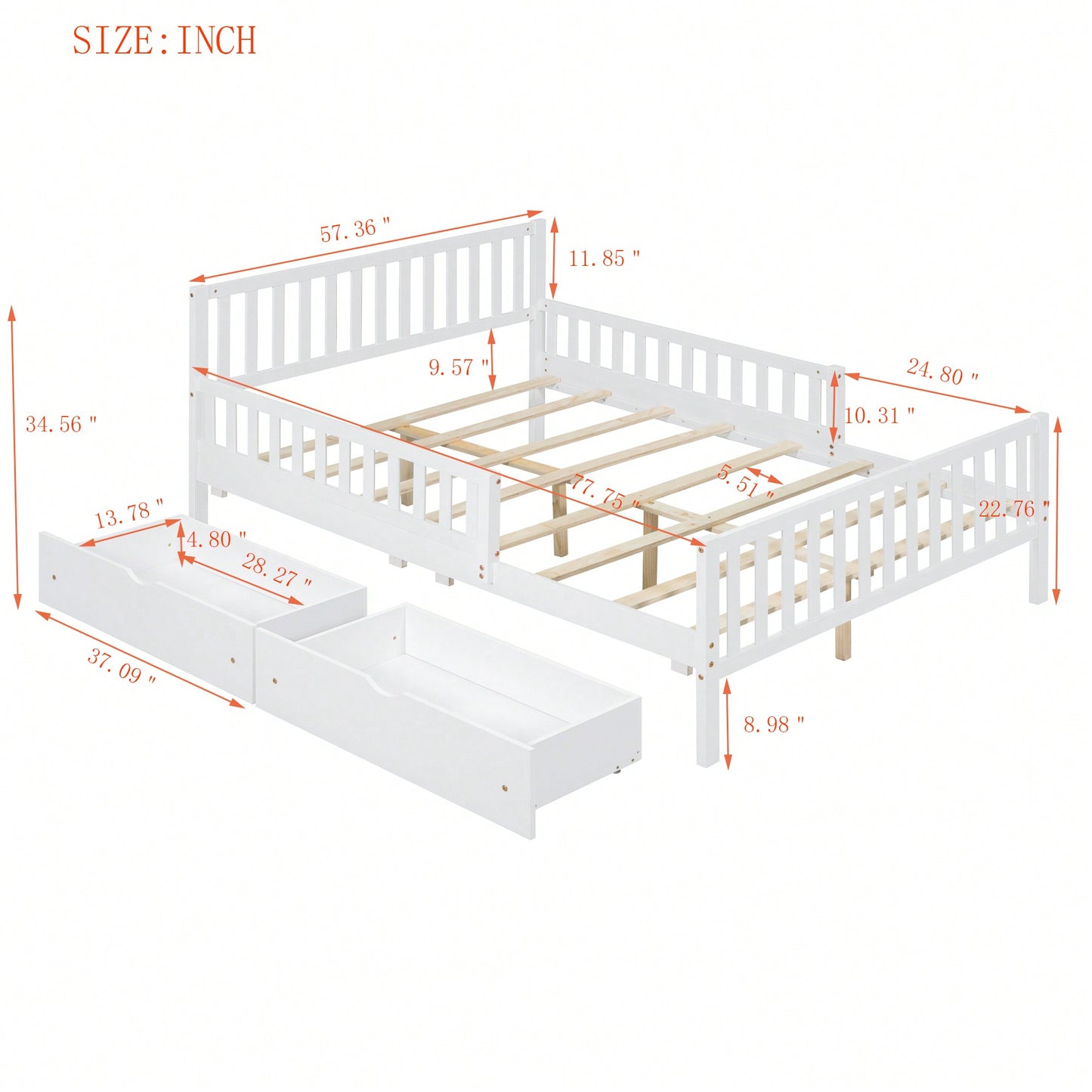 Full Size Wood Platform Bed With Safety Guardrails And Dual Storage Drawers In Gray