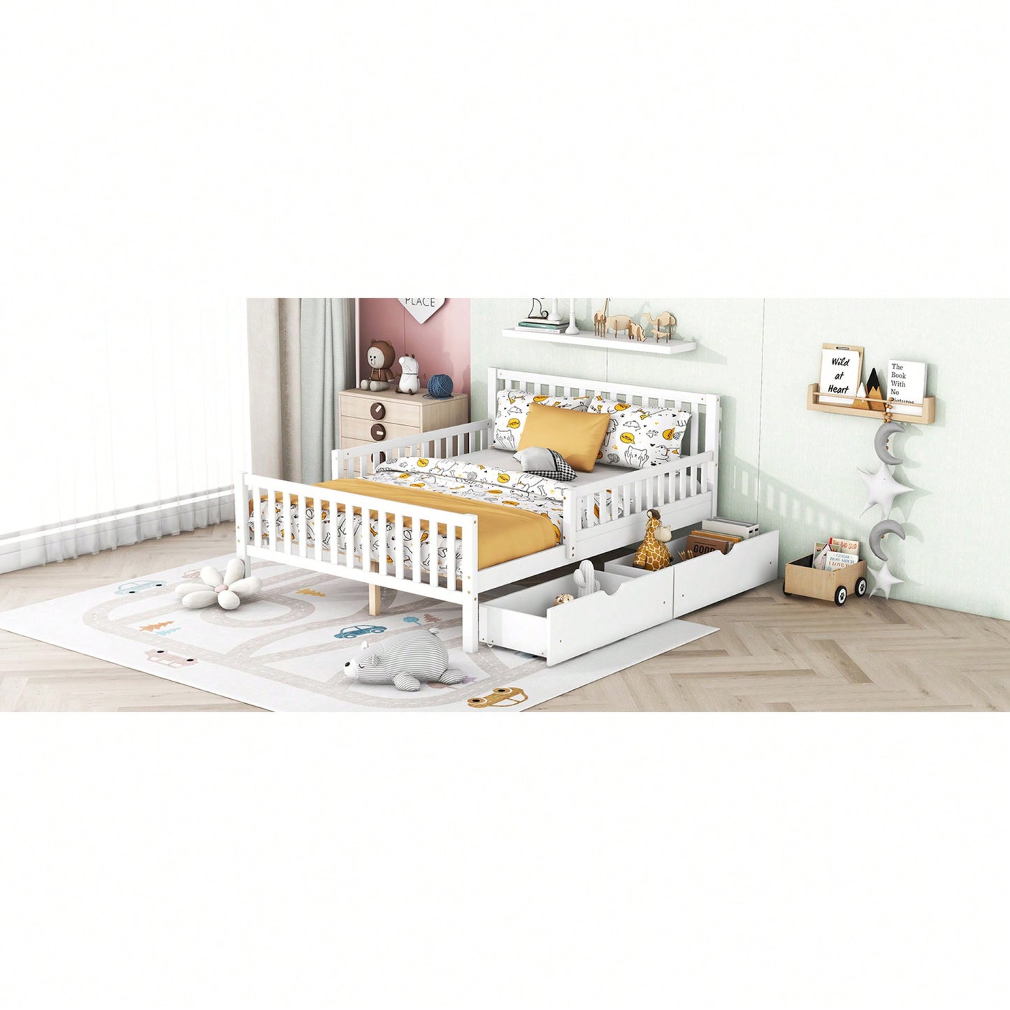 Full Size Wood Platform Bed With Safety Guardrails And Dual Storage Drawers In Gray