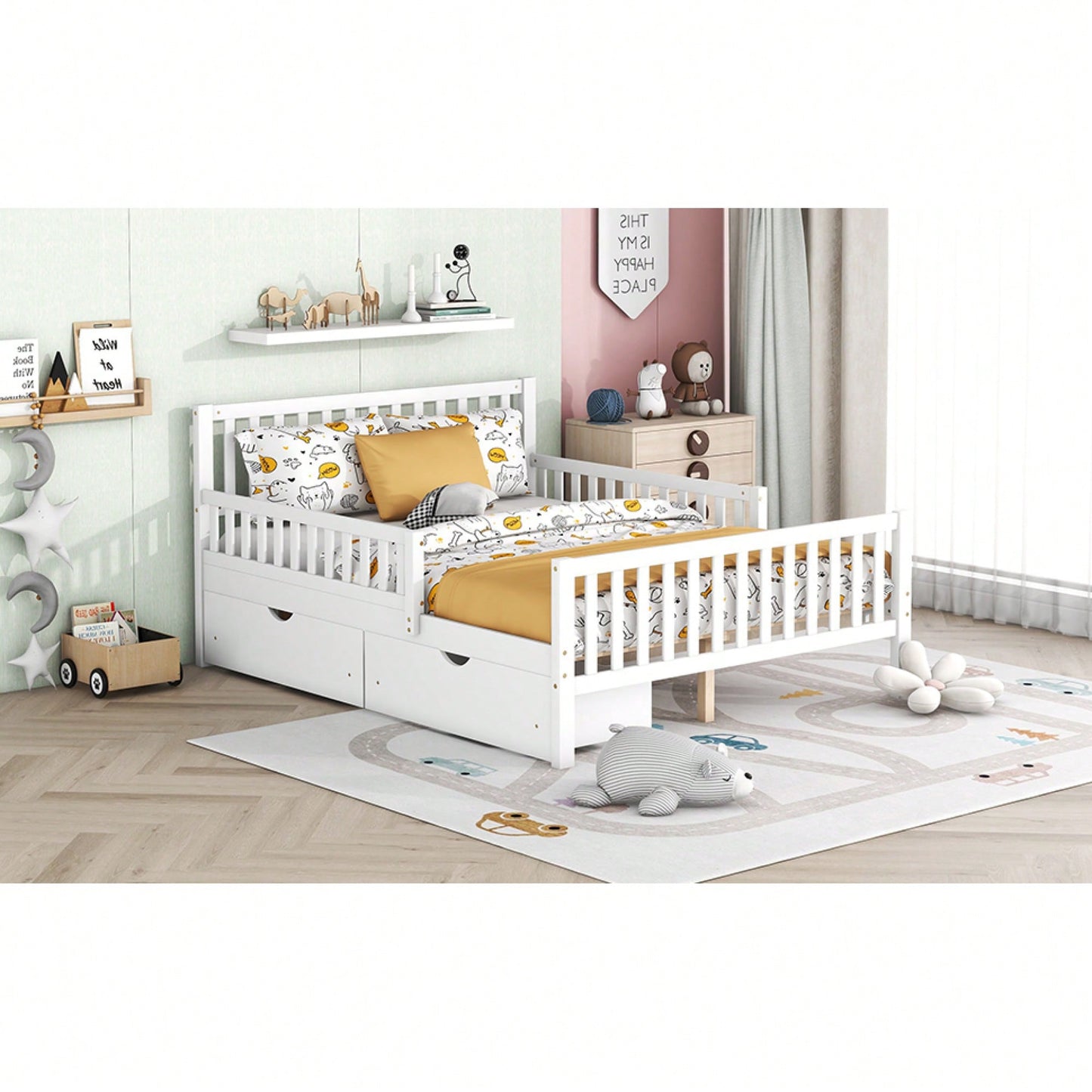 Full Size Wood Platform Bed With Safety Guardrails And Dual Storage Drawers In Gray