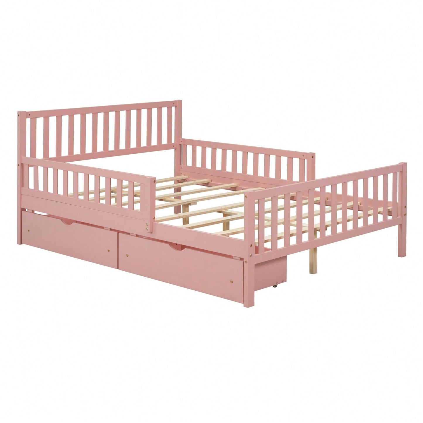 Full Size Wood Platform Bed With Safety Guardrails And Dual Storage Drawers In Gray