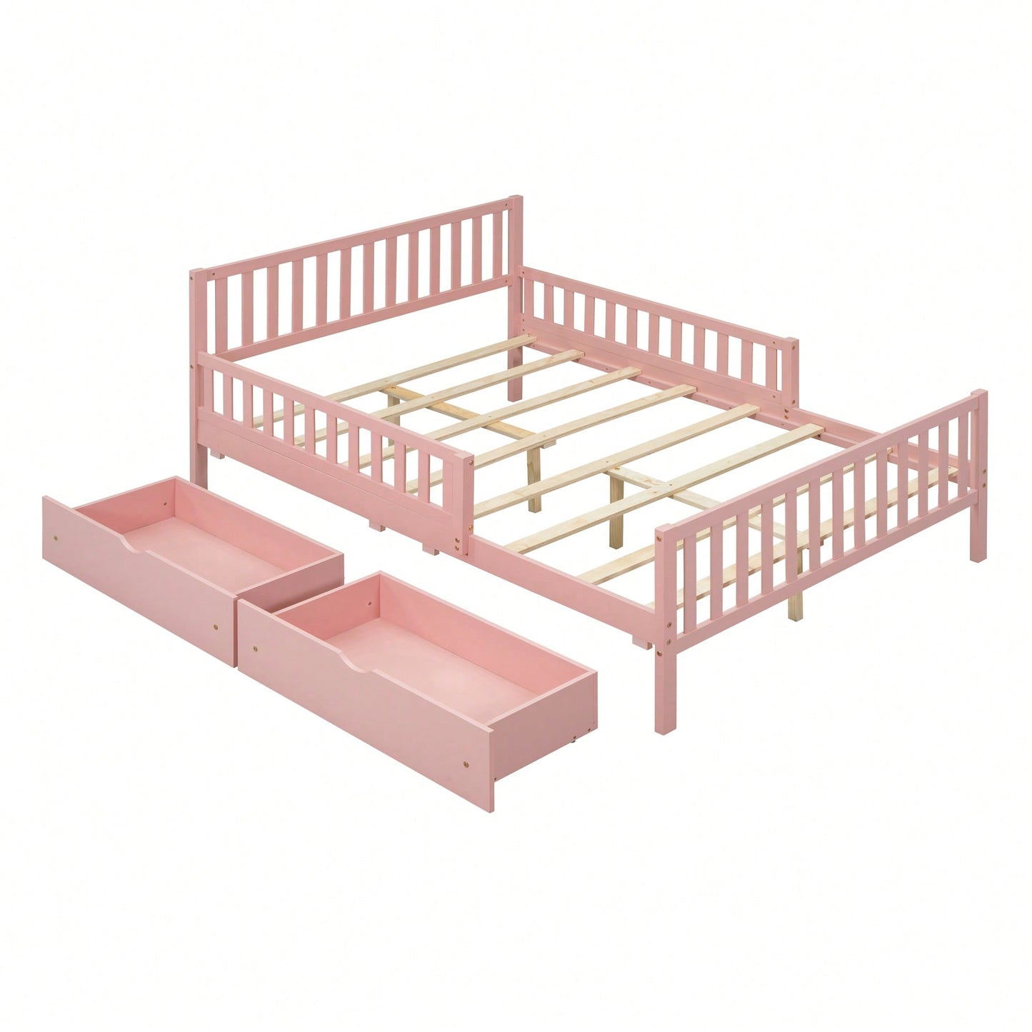 Full Size Wood Platform Bed With Safety Guardrails And Dual Storage Drawers In Gray
