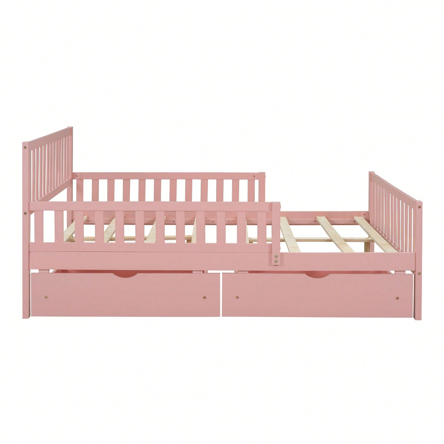 Full Size Wood Platform Bed With Safety Guardrails And Dual Storage Drawers In Gray