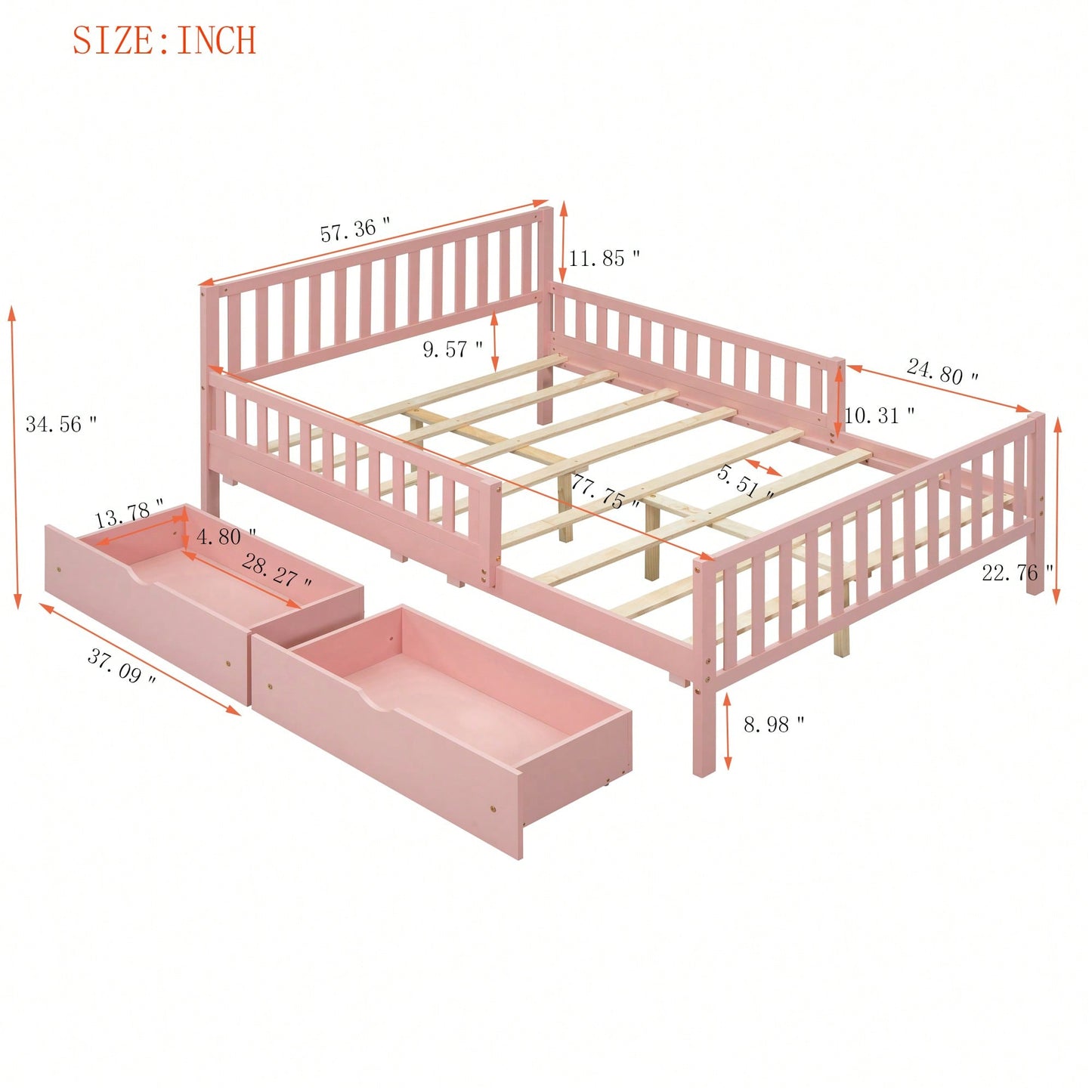Full Size Wood Platform Bed With Safety Guardrails And Dual Storage Drawers In Gray