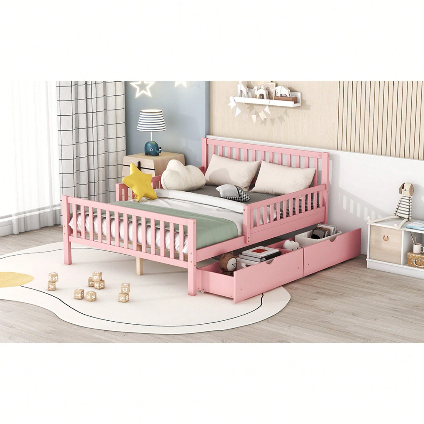 Full Size Wood Platform Bed With Safety Guardrails And Dual Storage Drawers In Gray