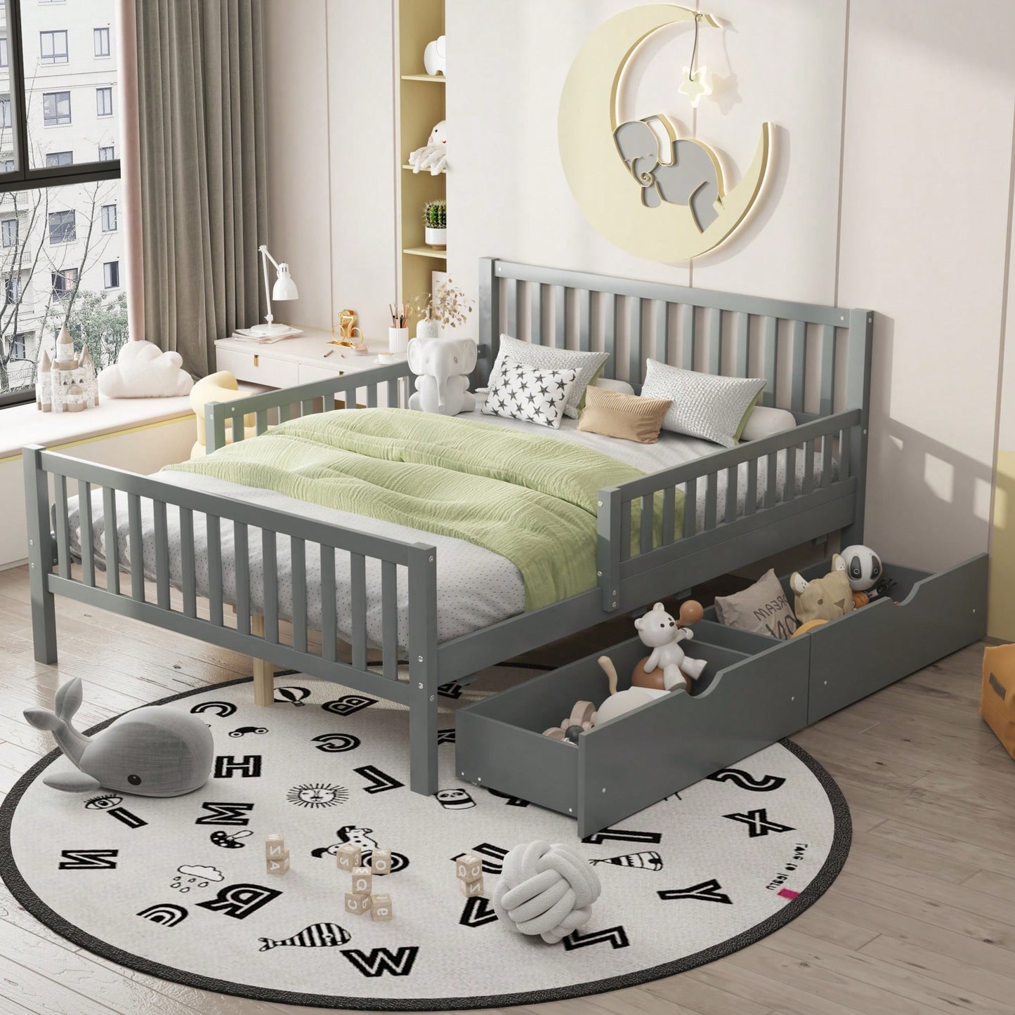 Full Size Wood Platform Bed With Safety Guardrails And Dual Storage Drawers In Gray