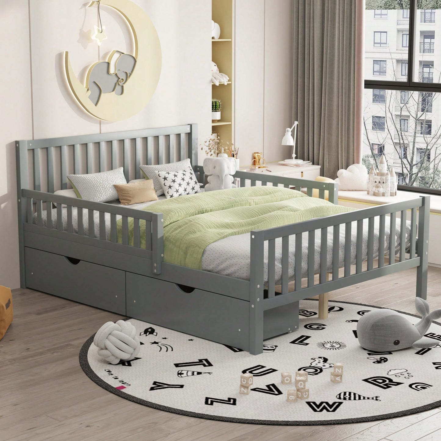 Full Size Wood Platform Bed With Safety Guardrails And Dual Storage Drawers In Gray