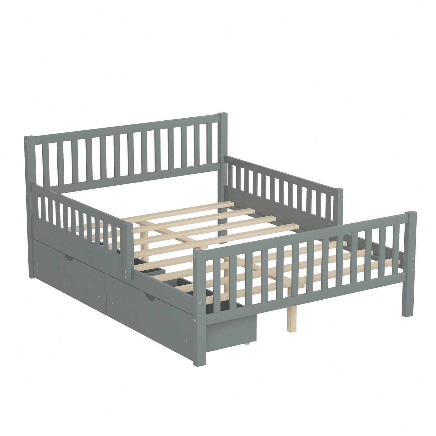 Full Size Wood Platform Bed With Safety Guardrails And Dual Storage Drawers In Gray