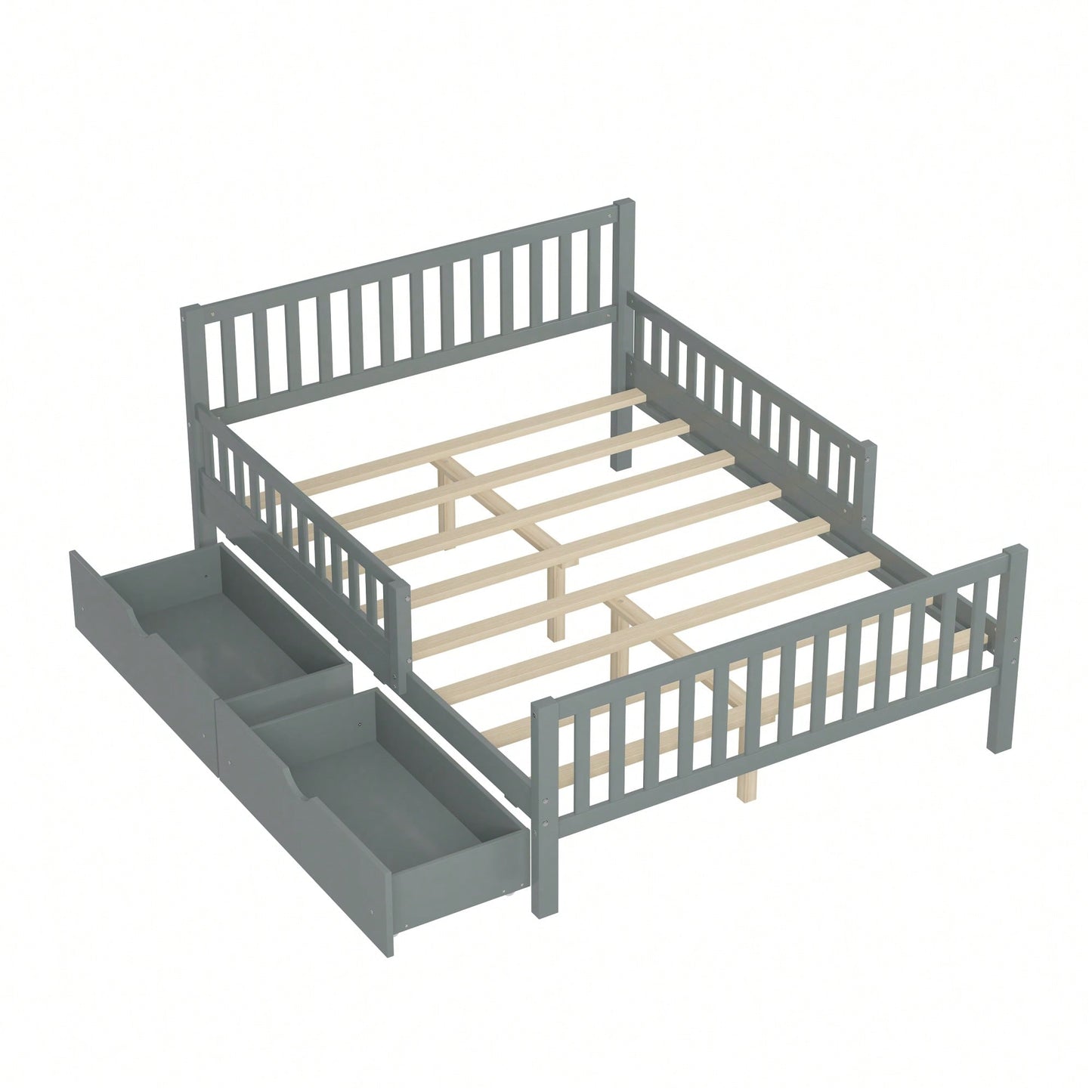 Full Size Wood Platform Bed With Safety Guardrails And Dual Storage Drawers In Gray