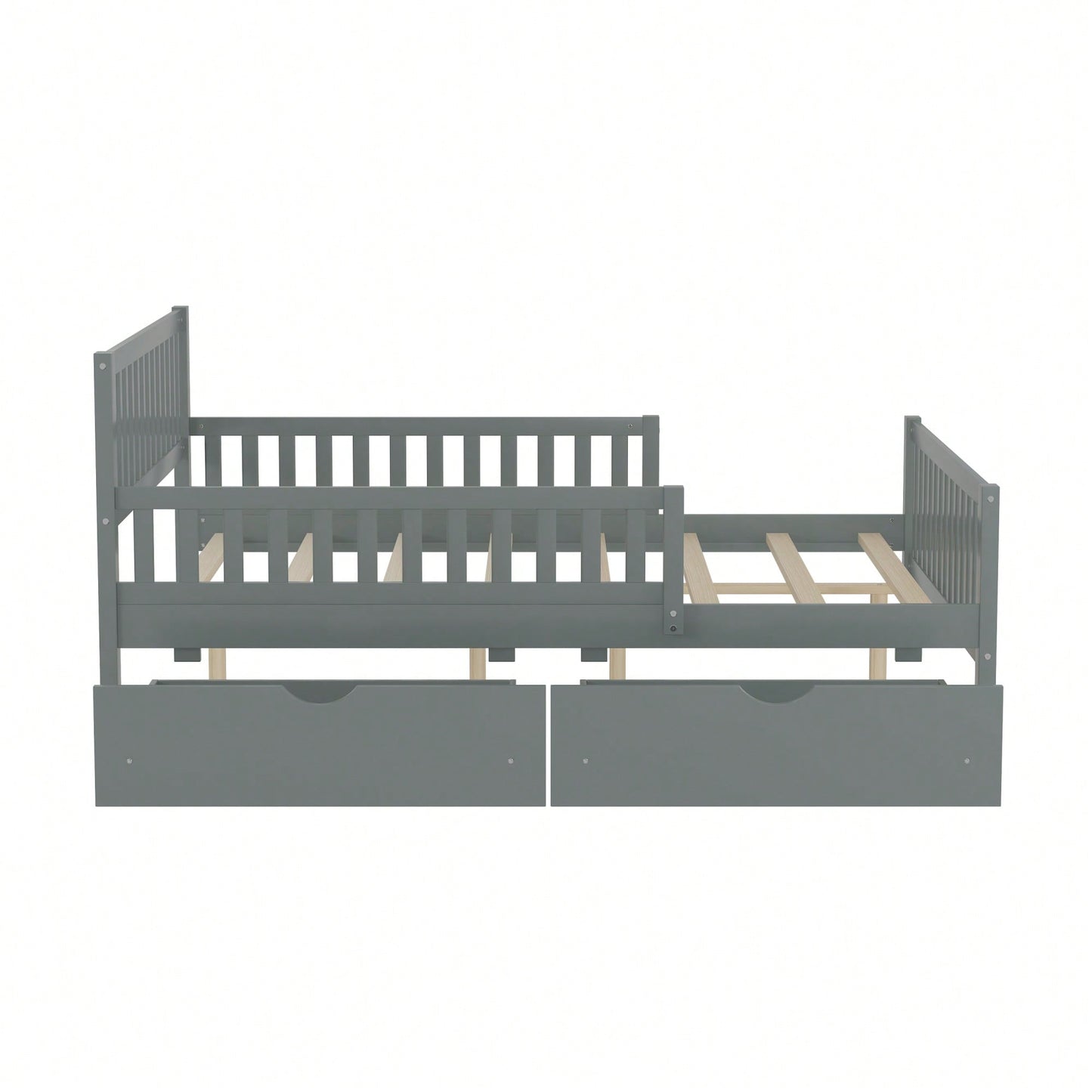 Full Size Wood Platform Bed With Safety Guardrails And Dual Storage Drawers In Gray