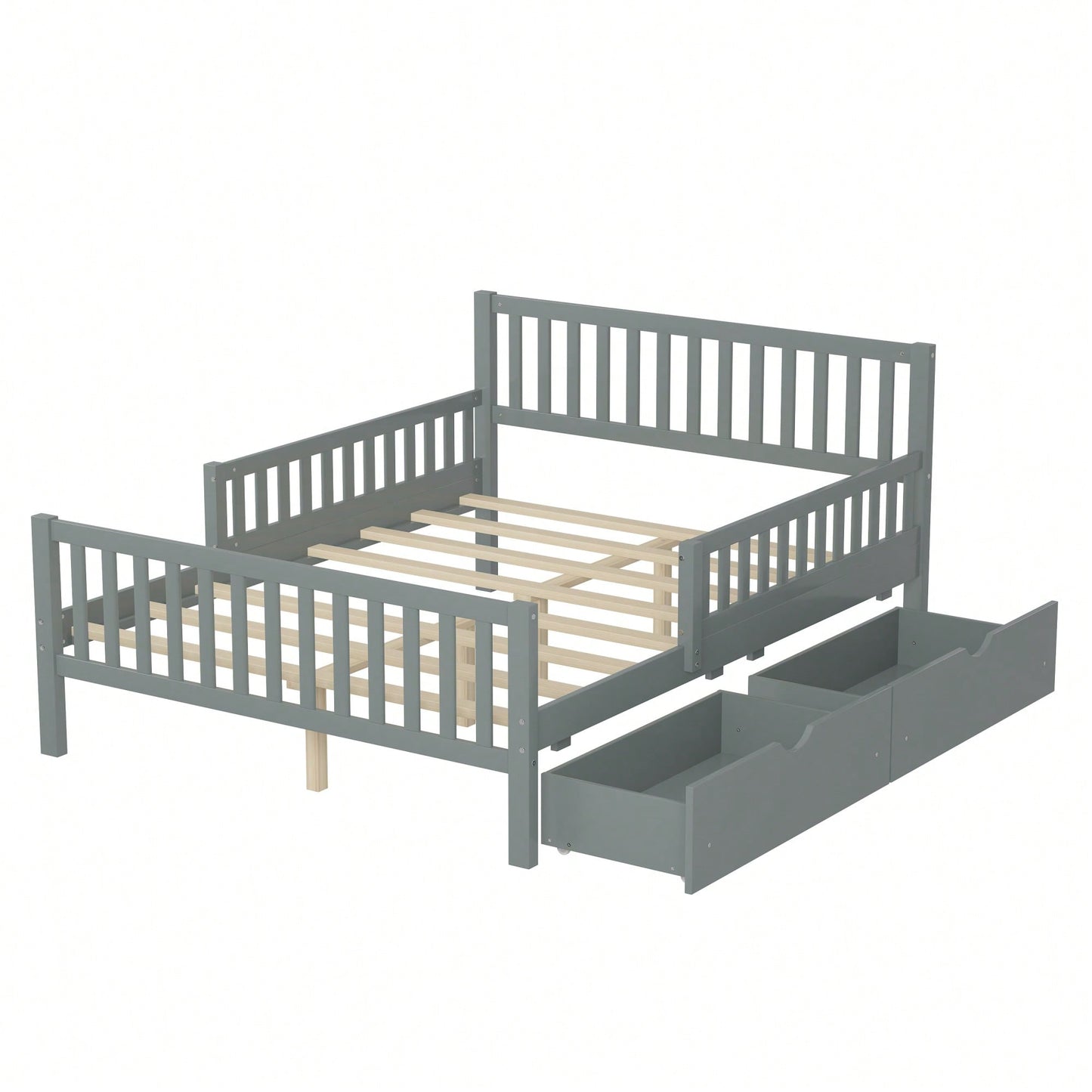 Full Size Wood Platform Bed With Safety Guardrails And Dual Storage Drawers In Gray