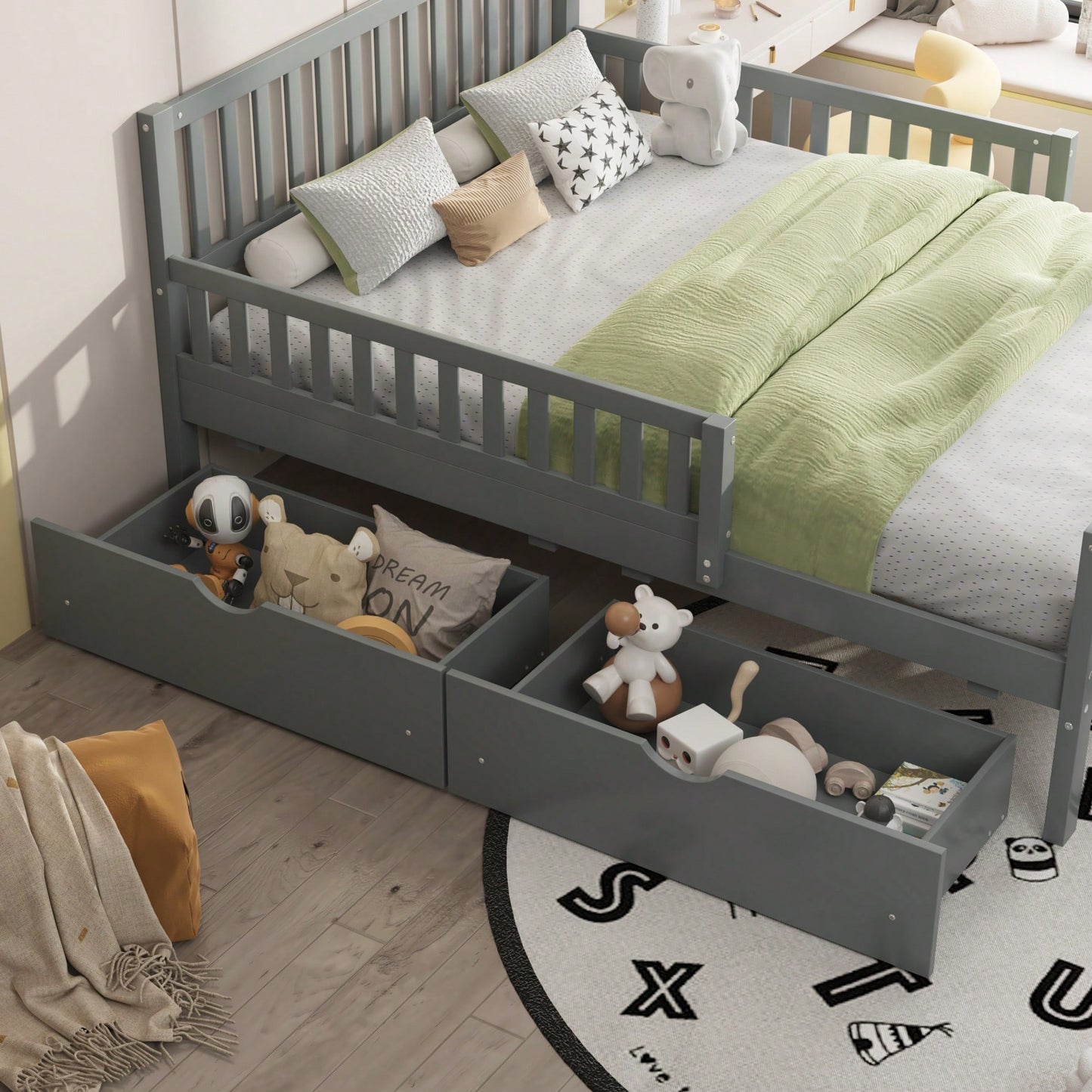 Full Size Wood Platform Bed With Safety Guardrails And Dual Storage Drawers In Gray