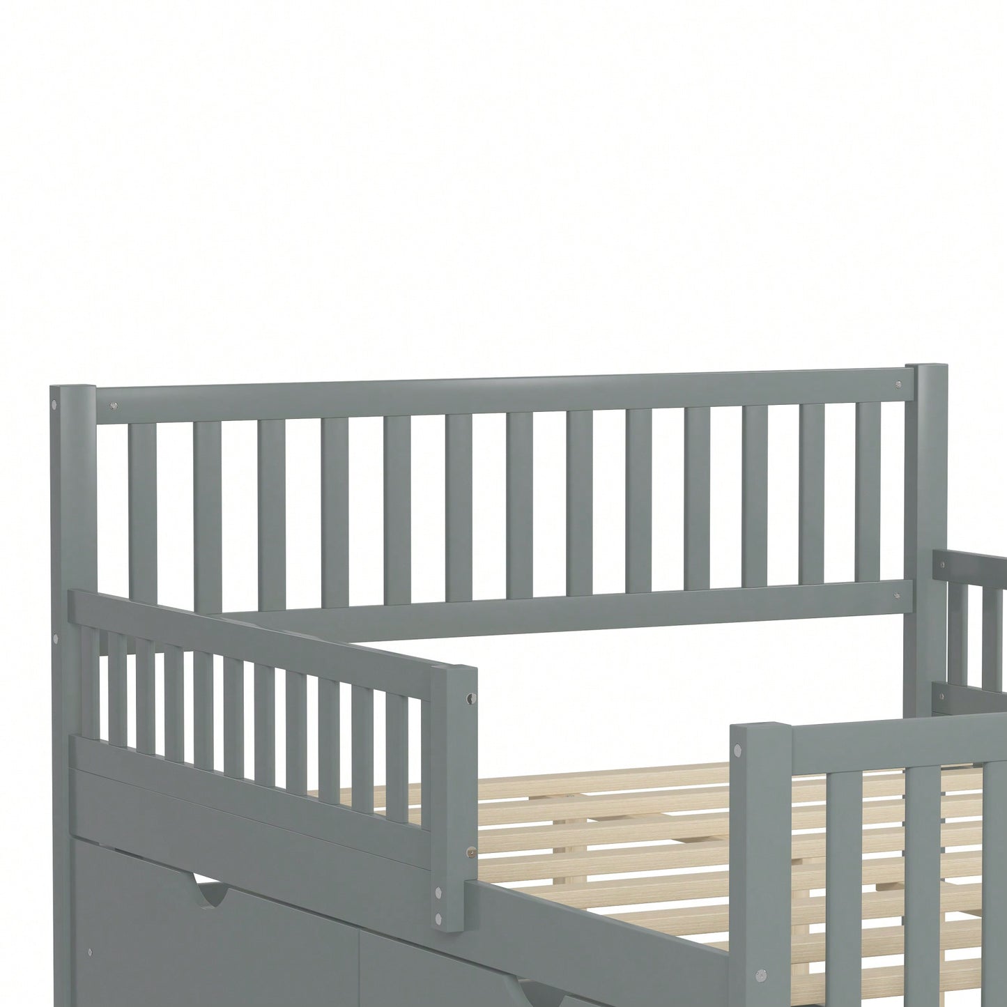 Full Size Wood Platform Bed With Safety Guardrails And Dual Storage Drawers In Gray