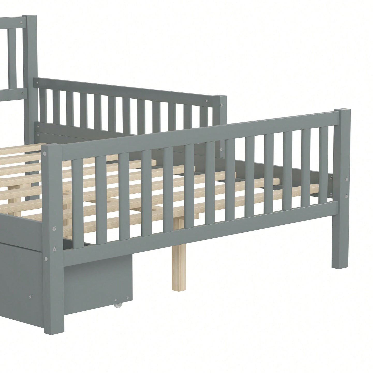 Full Size Wood Platform Bed With Safety Guardrails And Dual Storage Drawers In Gray