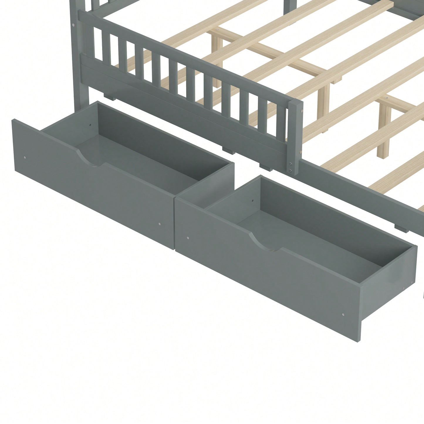Full Size Wood Platform Bed With Safety Guardrails And Dual Storage Drawers In Gray
