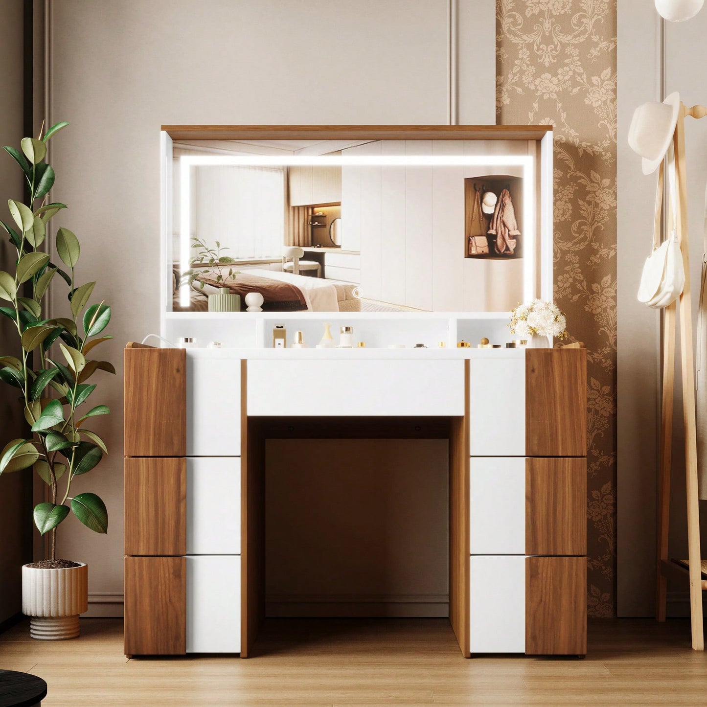 Elegant 44.4 Inch Vanity Table With Large Lighted Mirror And Power Outlet, Dressing Table Featuring 7 Drawers, Brown Wood-Style Finish