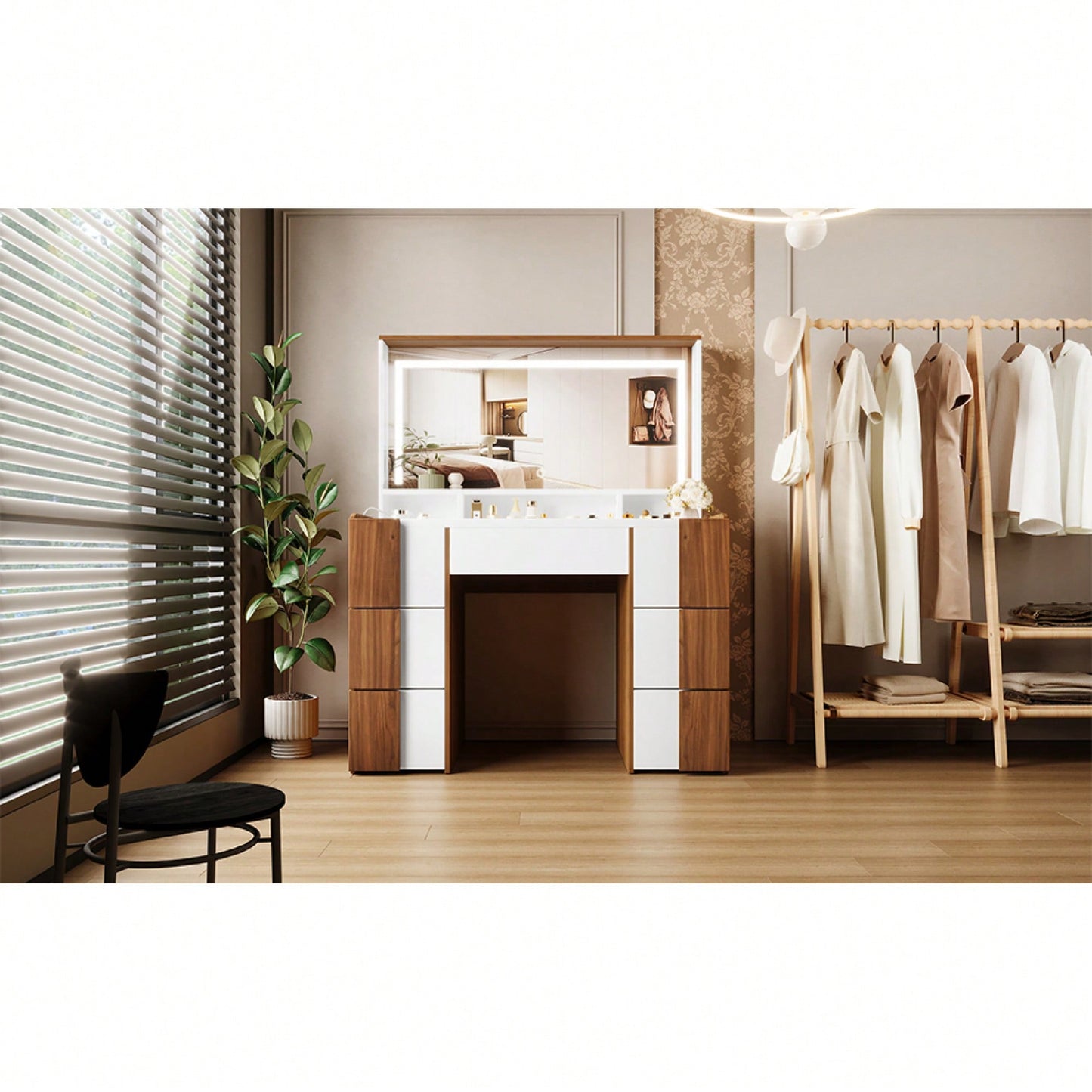 Elegant 44.4 Inch Vanity Table With Large Lighted Mirror And Power Outlet, Dressing Table Featuring 7 Drawers, Brown Wood-Style Finish