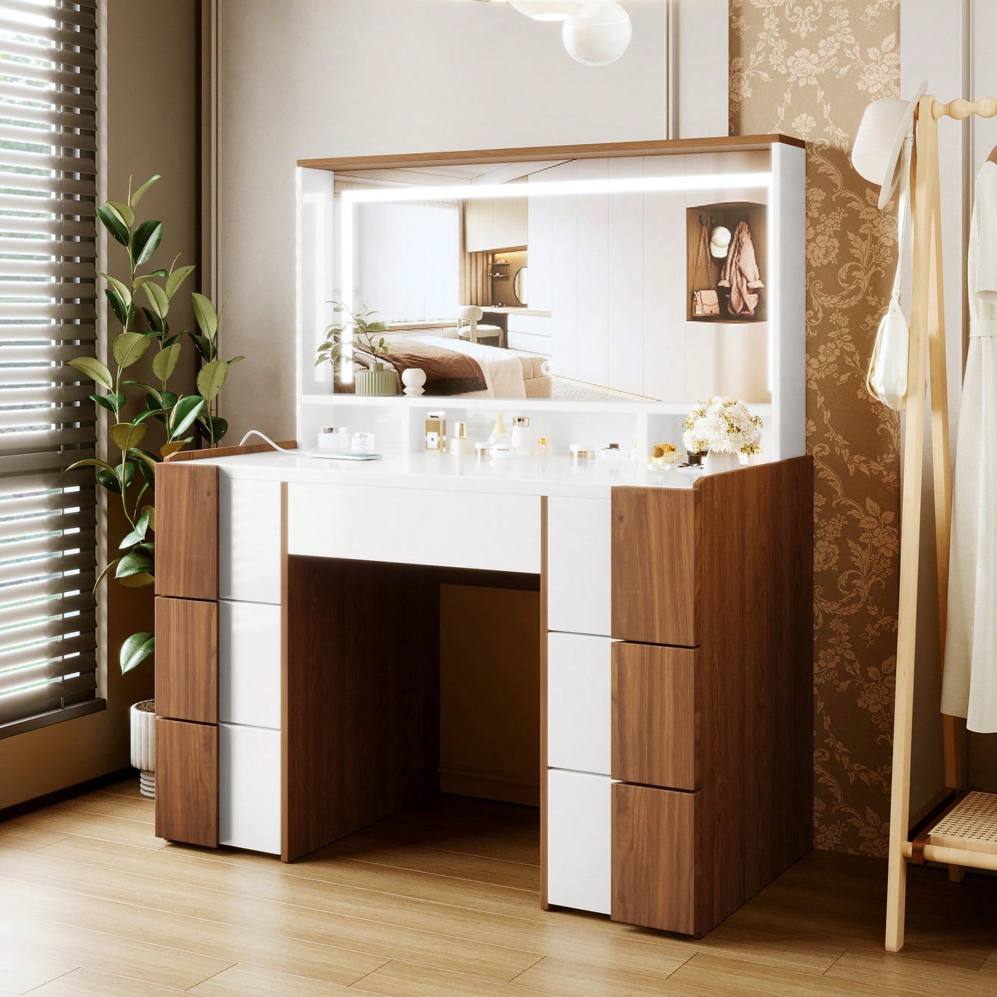 Elegant 44.4 Inch Vanity Table With Large Lighted Mirror And Power Outlet, Dressing Table Featuring 7 Drawers, Brown Wood-Style Finish