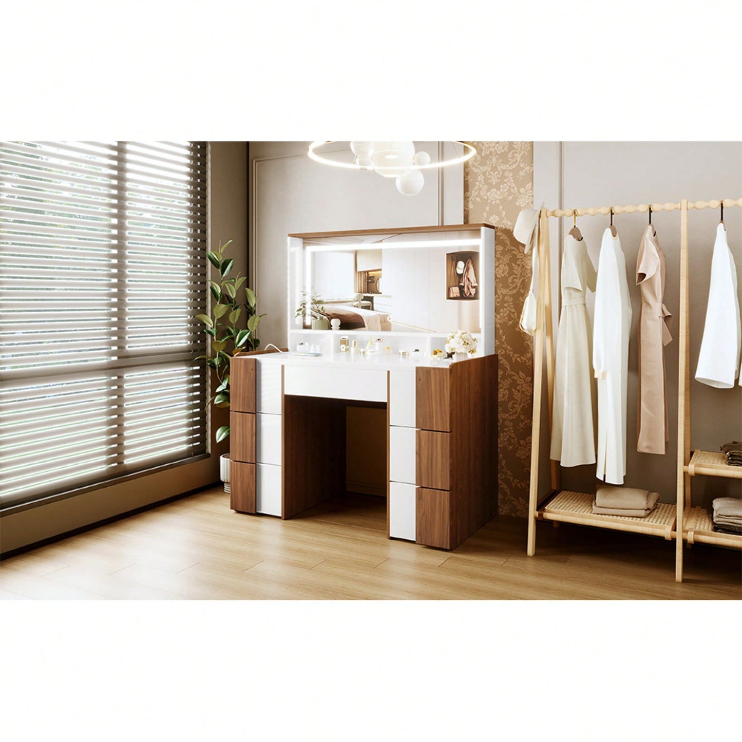 Elegant 44.4 Inch Vanity Table With Large Lighted Mirror And Power Outlet, Dressing Table Featuring 7 Drawers, Brown Wood-Style Finish