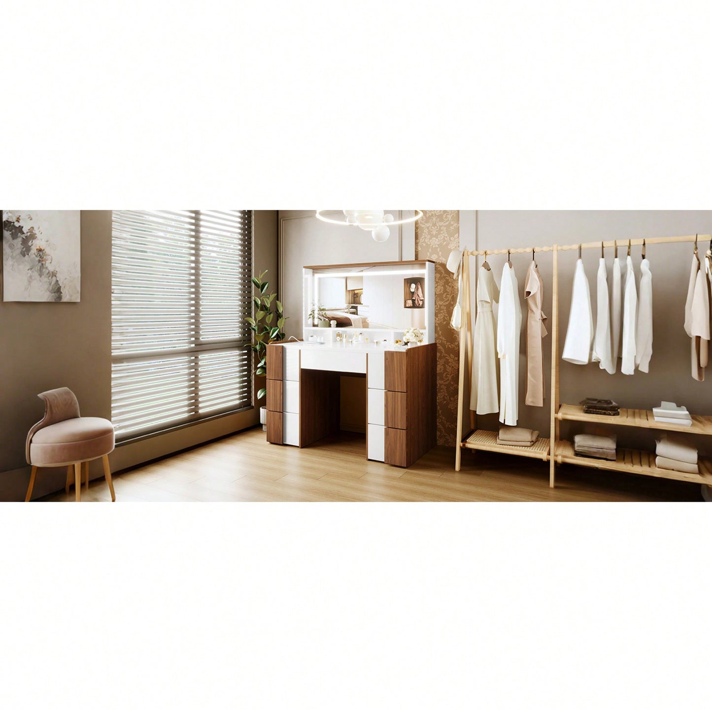 Elegant 44.4 Inch Vanity Table With Large Lighted Mirror And Power Outlet, Dressing Table Featuring 7 Drawers, Brown Wood-Style Finish