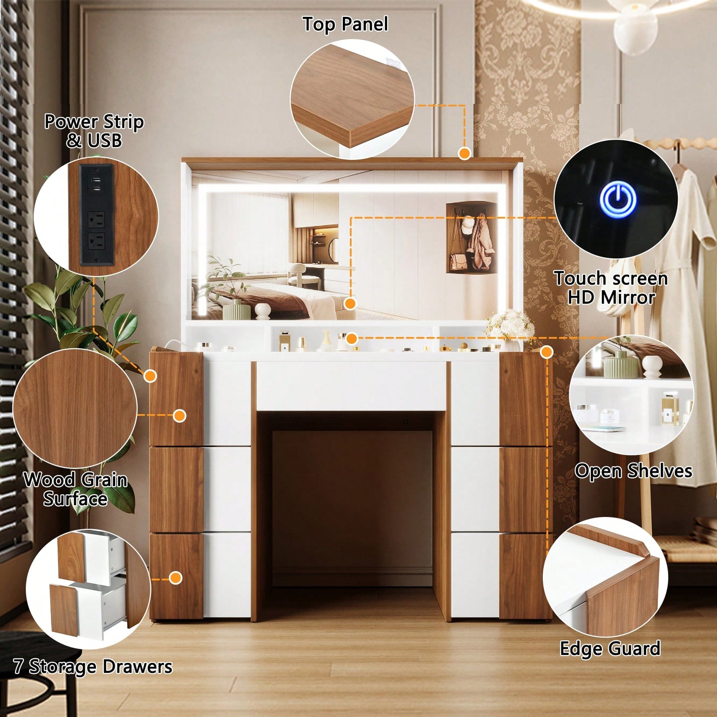 Elegant 44.4 Inch Vanity Table With Large Lighted Mirror And Power Outlet, Dressing Table Featuring 7 Drawers, Brown Wood-Style Finish