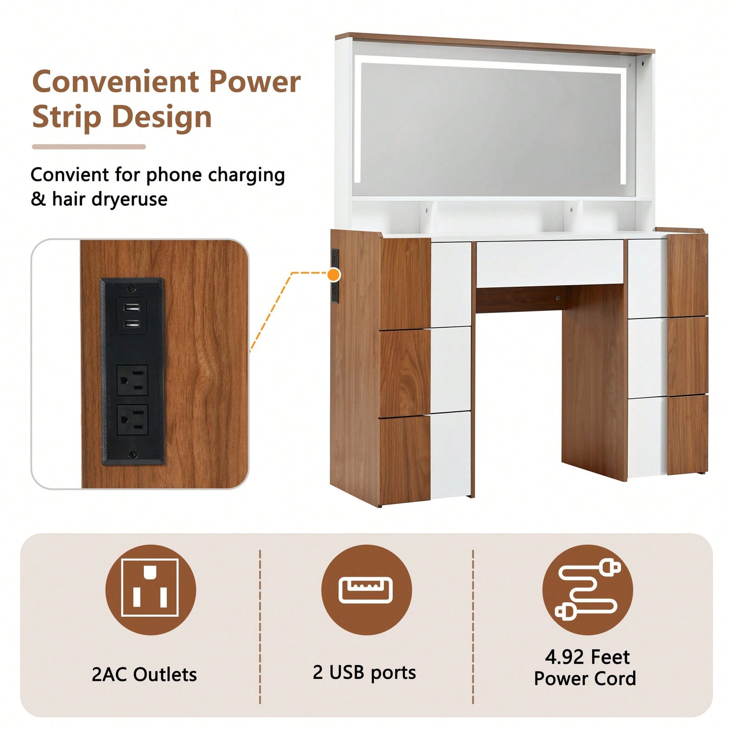 Elegant 44.4 Inch Vanity Table With Large Lighted Mirror And Power Outlet, Dressing Table Featuring 7 Drawers, Brown Wood-Style Finish