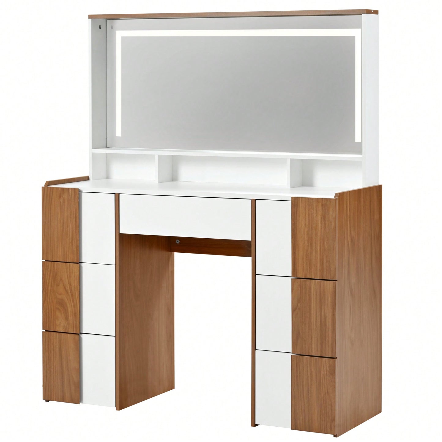 Elegant 44.4 Inch Vanity Table With Large Lighted Mirror And Power Outlet, Dressing Table Featuring 7 Drawers, Brown Wood-Style Finish